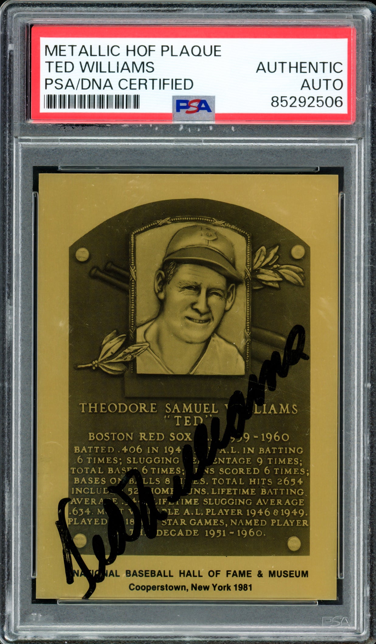 Ted Williams Autographed Metallic Hall of Fame HOF Plaque Card Boston Red Sox PSA/DNA #85292506