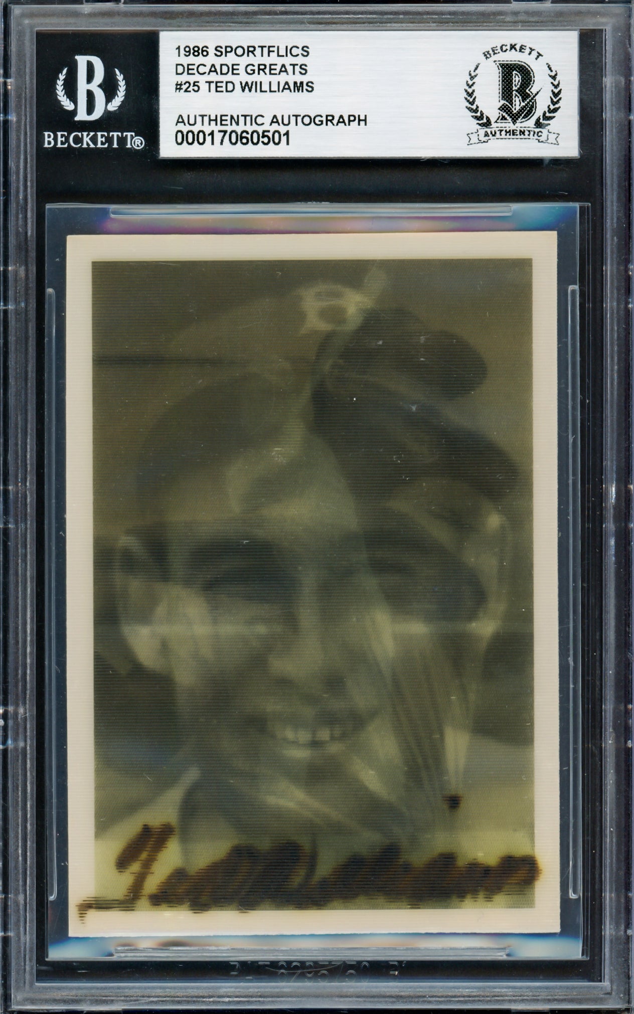 Ted Williams Autographed 1986 Sportflics Decade Greats Card #25 Boston Red Sox Beckett BAS #17060501