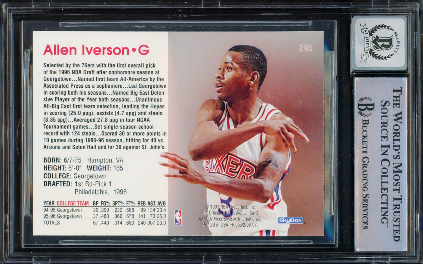 Allen Iverson Autographed 1996-97 Hoops Rookie Card #295 Philadelphia 76ers Auto Grade Gem Mint 10 Beckett BAS #16562034