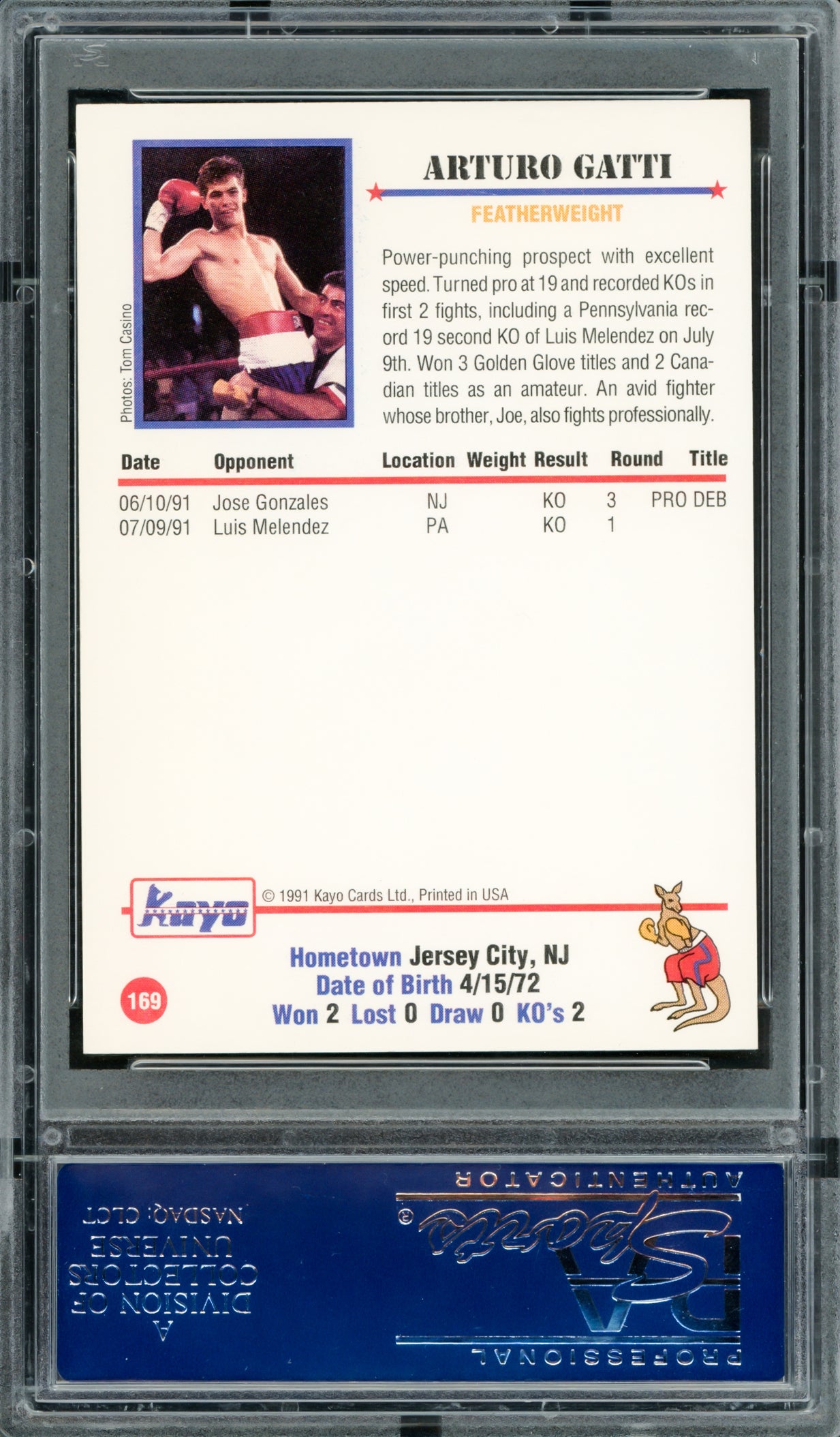 Arturo Gatti Autographed 1991 Kayo Rookie Card #169 PSA/DNA #65088102