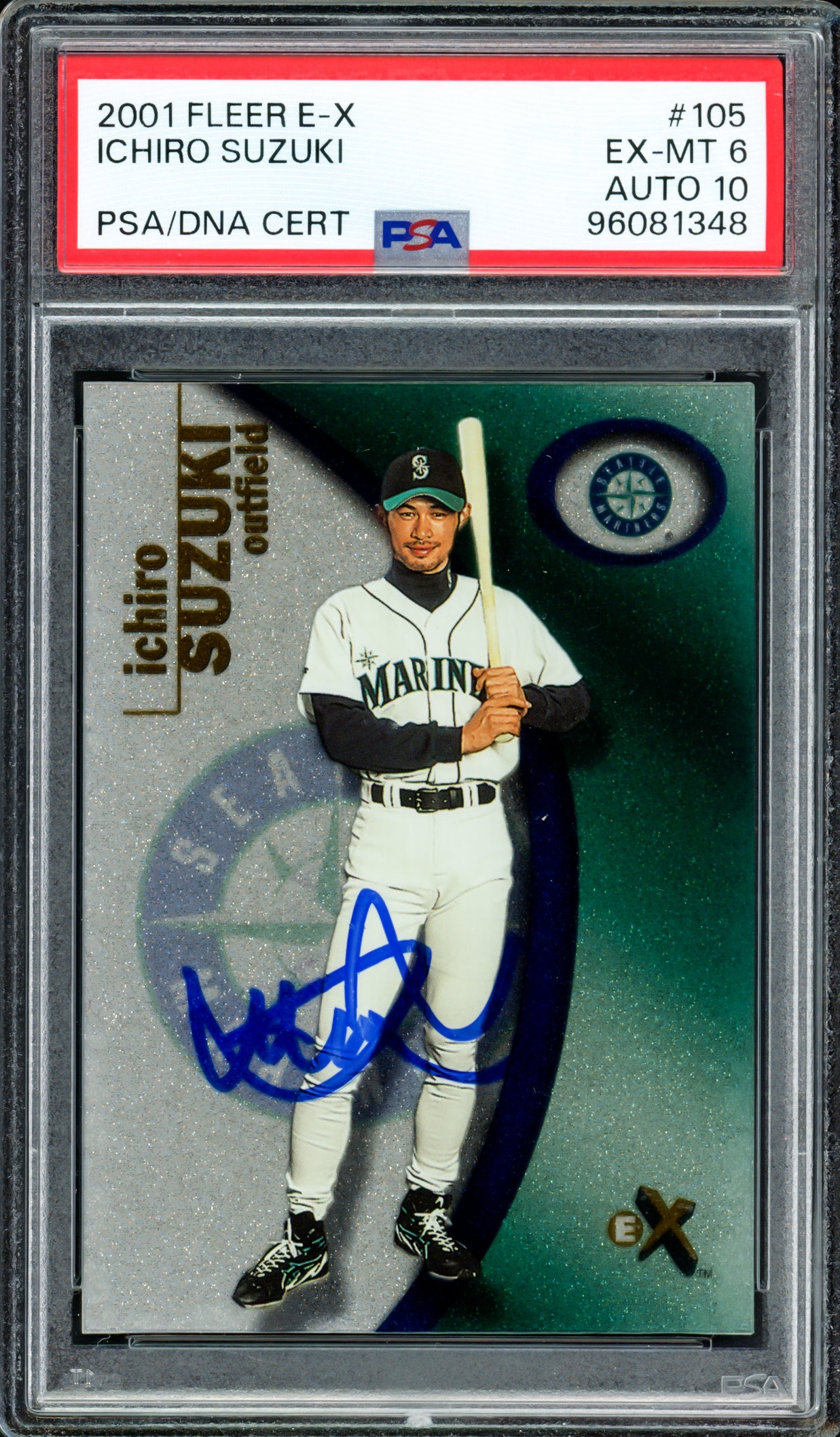 Ichiro Suzuki Autographed 2001 Fleer E-X Rookie Card #105 Seattle Mariners PSA 6 Auto Grade Gem Mint 10 #889/1999 PSA/DNA #96081348