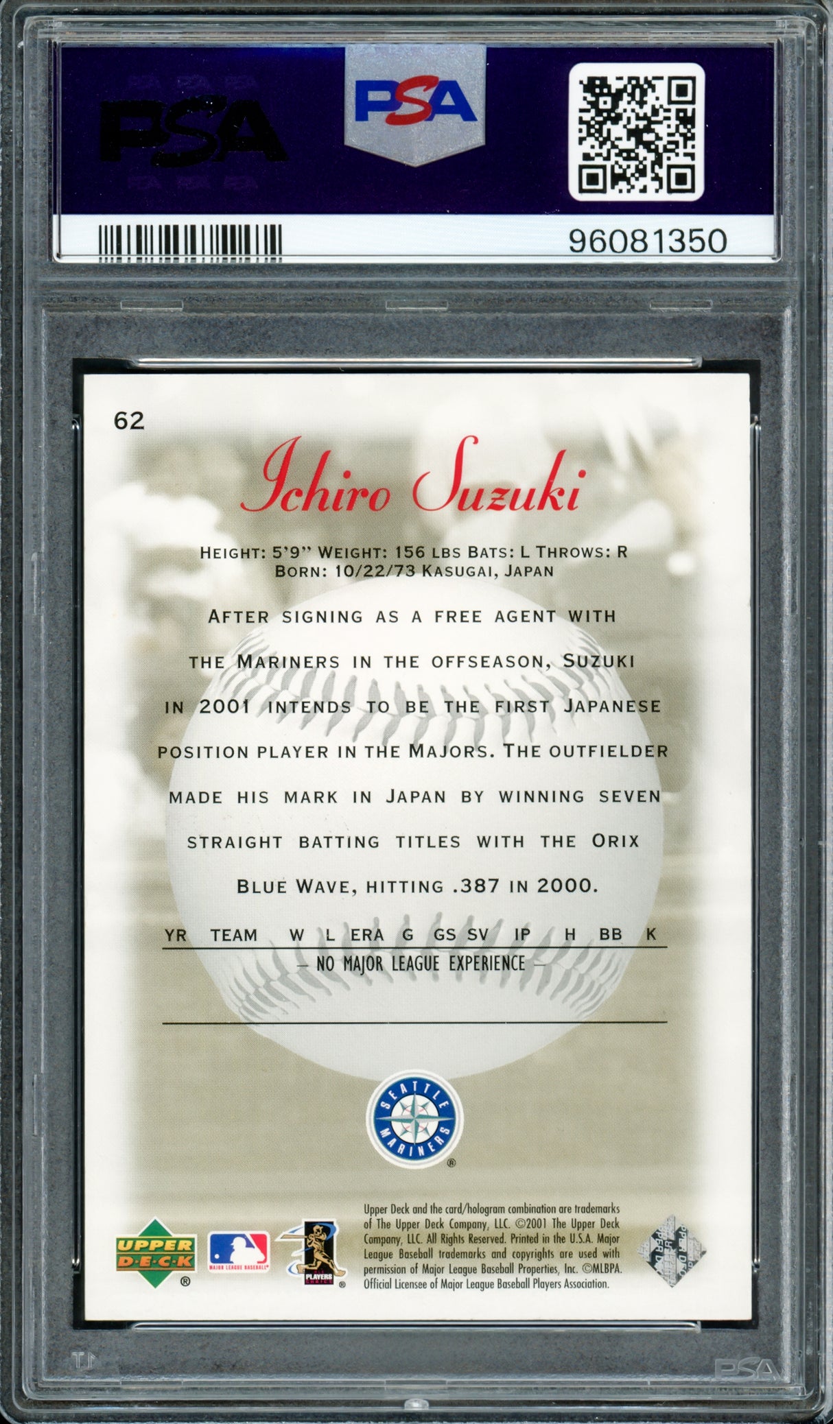 Ichiro Suzuki Autographed 2001 Upper Deck UD Sweet Spot Rookie Card #62 Seattle Mariners PSA 8 Auto Grade Gem Mint 10 #700/1000 PSA/DNA #96091350