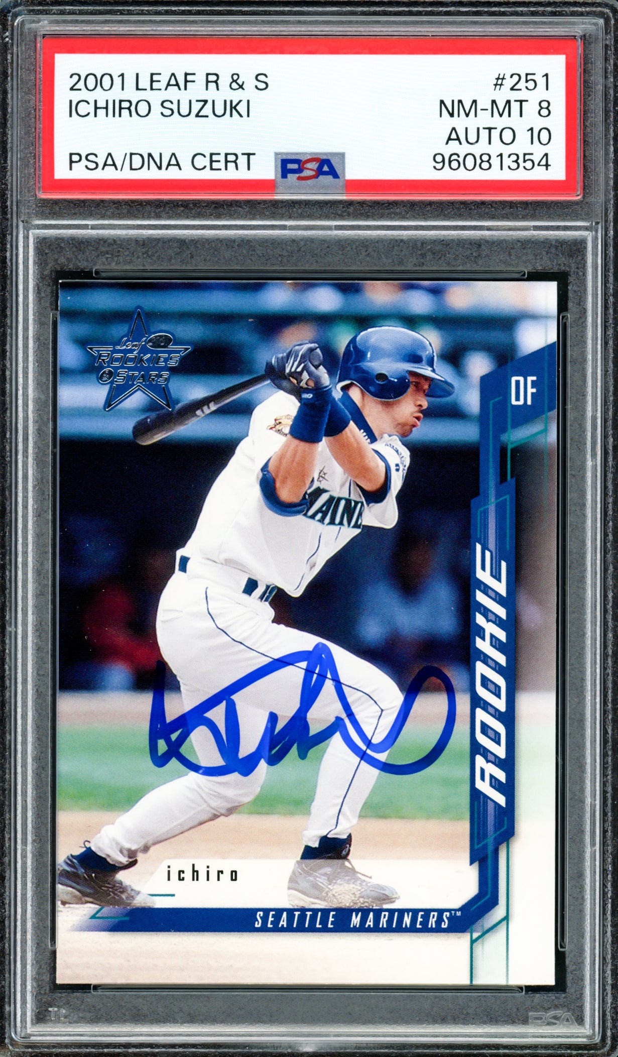 Ichiro Suzuki Autographed 2001 Leaf Rookies & Stars Rookie Card #251 Seattle Mariners PSA 8 Auto Grade Gem Mint 10 PSA/DNA #96081354