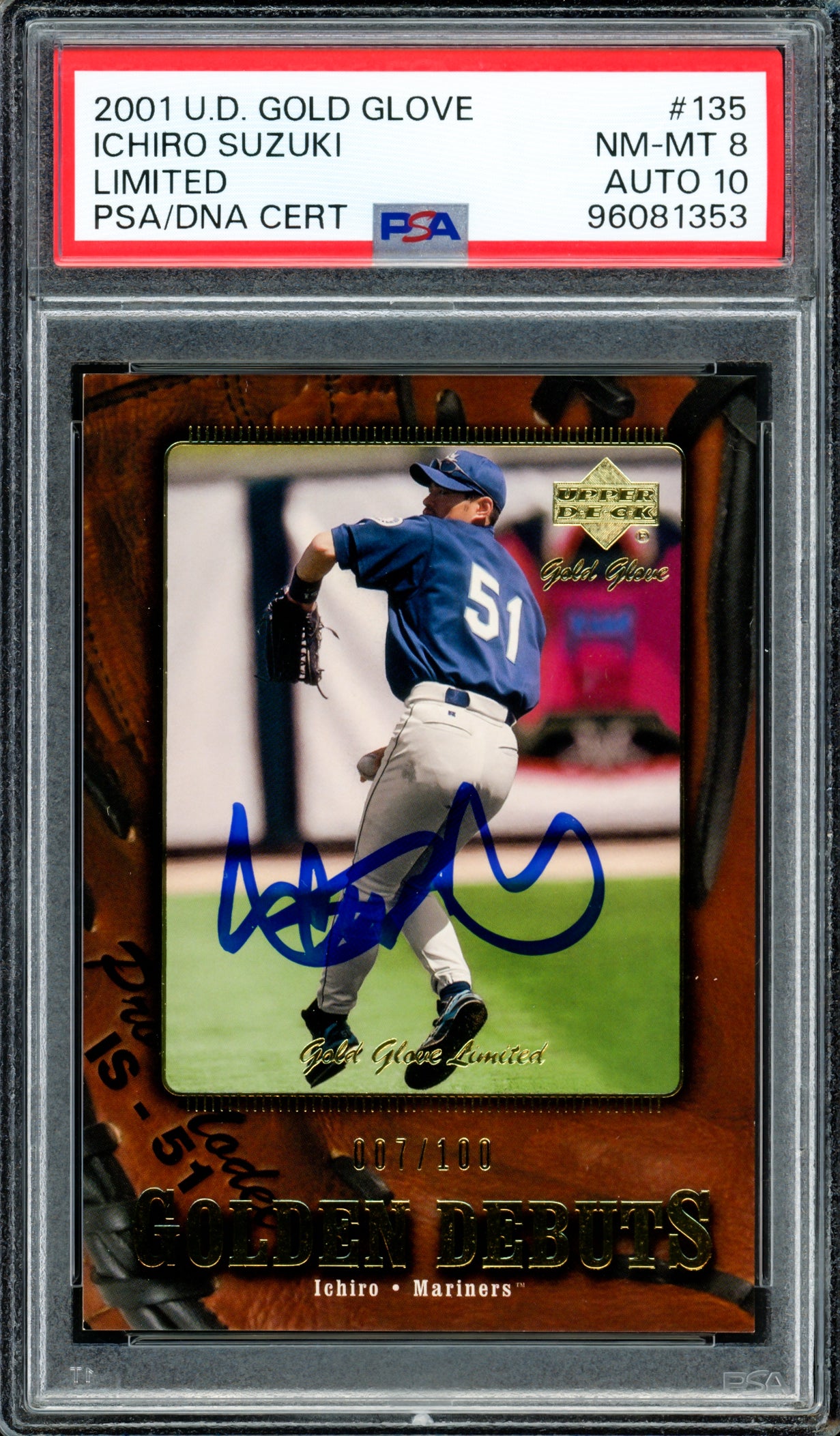 Ichiro Suzuki Autographed 2001 Upper Deck UD Gold Glove Limited Rookie Card #135 Seattle Mariners PSA 8 Auto Grade Gem Mint 10 #7/100 PSA/DNA #96081353
