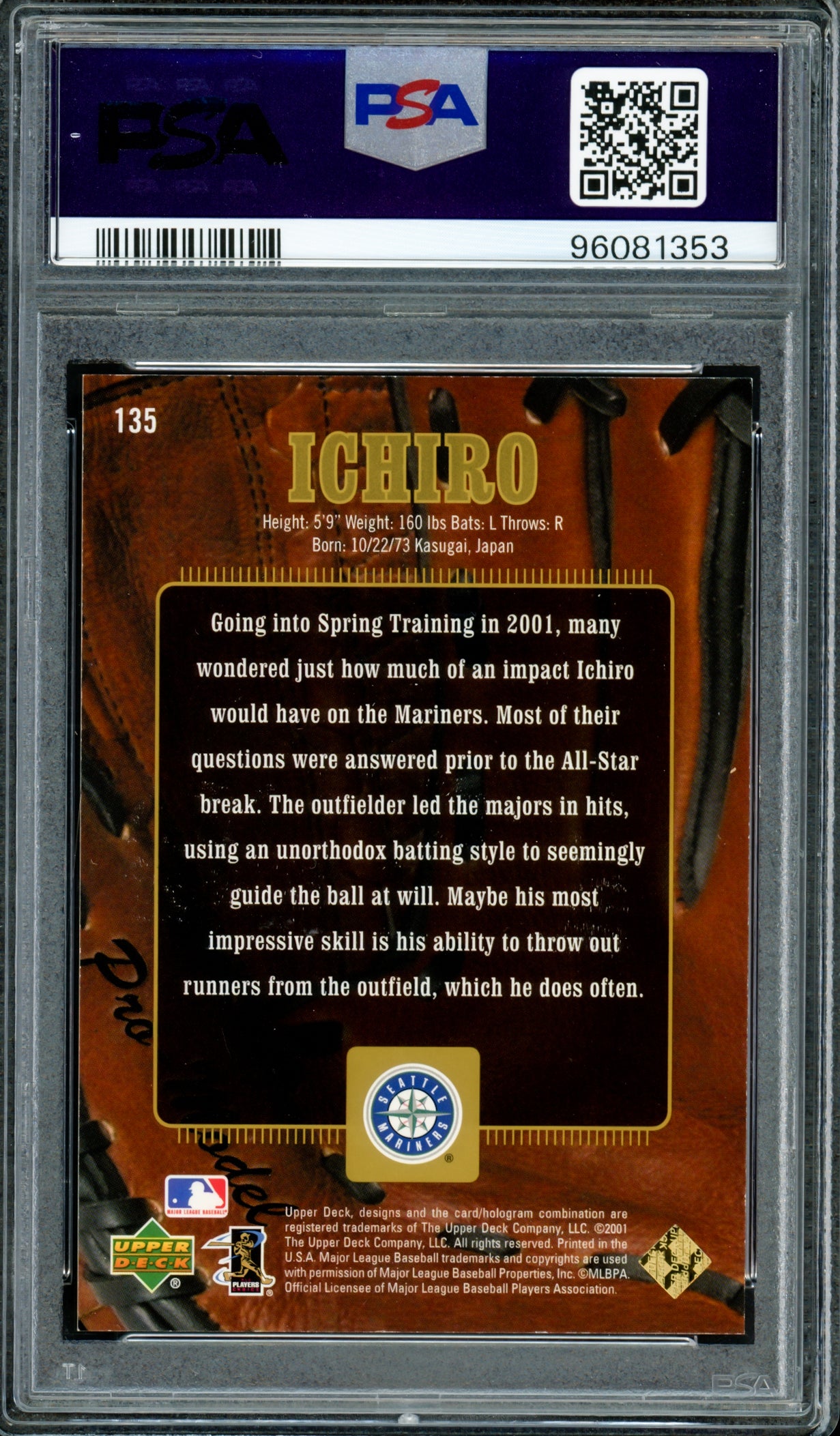 Ichiro Suzuki Autographed 2001 Upper Deck UD Gold Glove Limited Rookie Card #135 Seattle Mariners PSA 8 Auto Grade Gem Mint 10 #7/100 PSA/DNA #96081353
