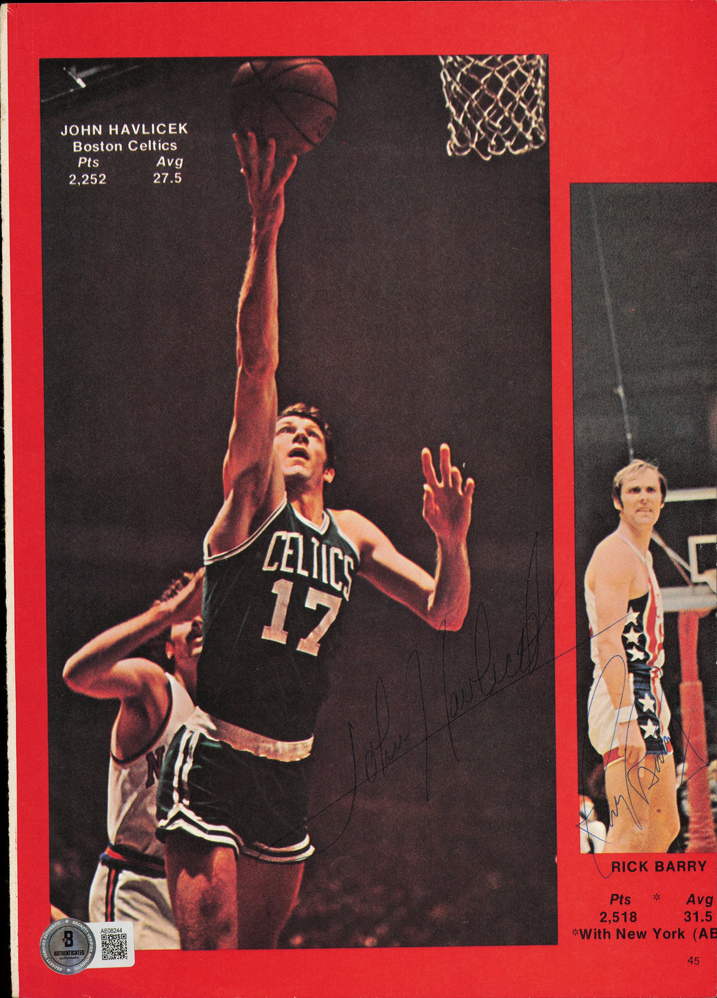 John Havlicek, Rick Barry & Gail Goodrich Autographed 8x11 Magazine Page Photo Beckett BAS #AE08244