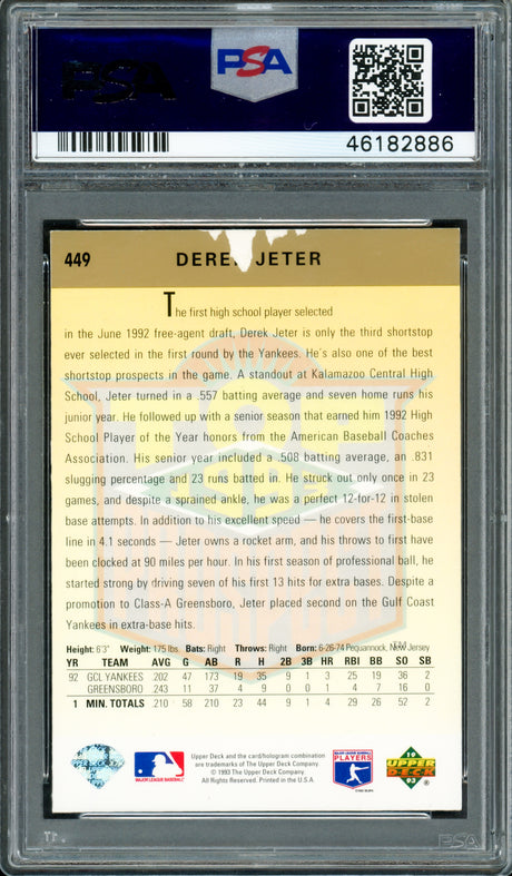Derek Jeter Autographed 1993 Upper Deck Rookie Card #449 New York Yankees Auto Grade Gem Mint 10 Vintage Signature PSA/DNA #46182886