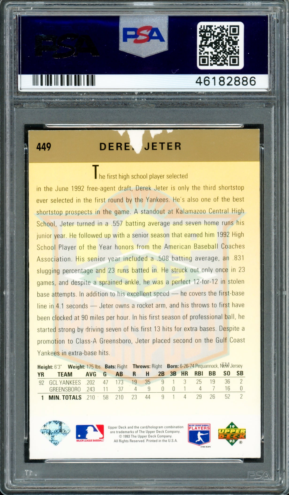 Derek Jeter Autographed 1993 Upper Deck Rookie Card #449 New York Yankees Auto Grade Gem Mint 10 Vintage Signature PSA/DNA #46182886