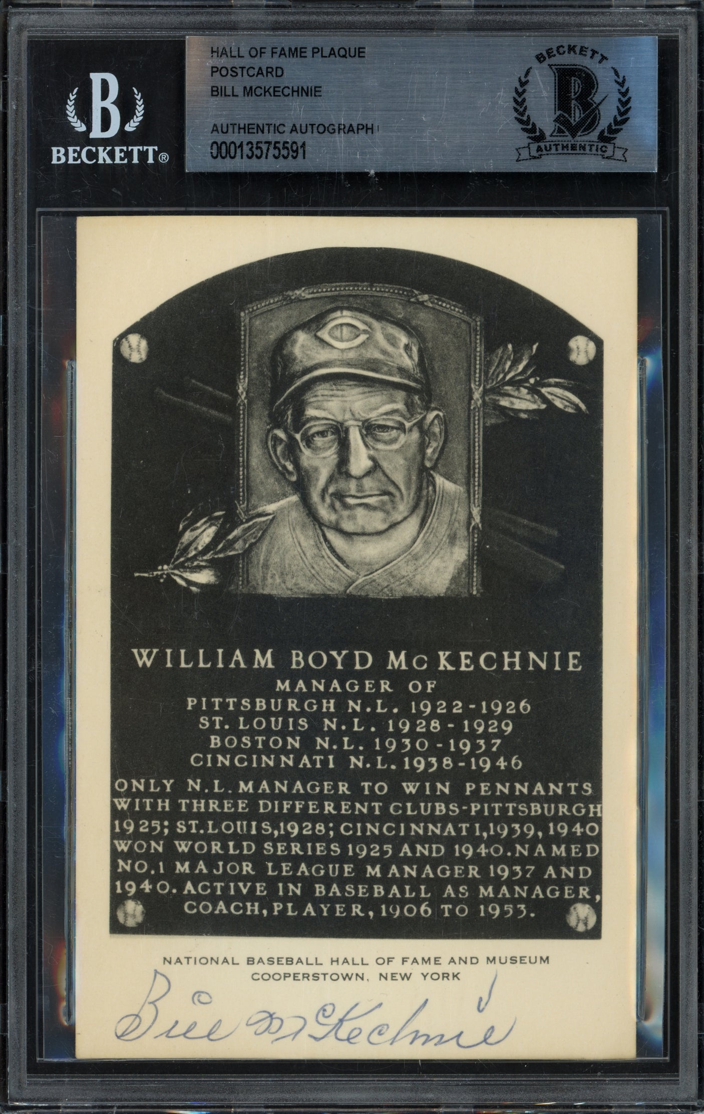 Bill McKechnie Autographed Artvue Hall of Fame HOF Plaque Postcard Cincinnati Reds Beckett BAS #13575591