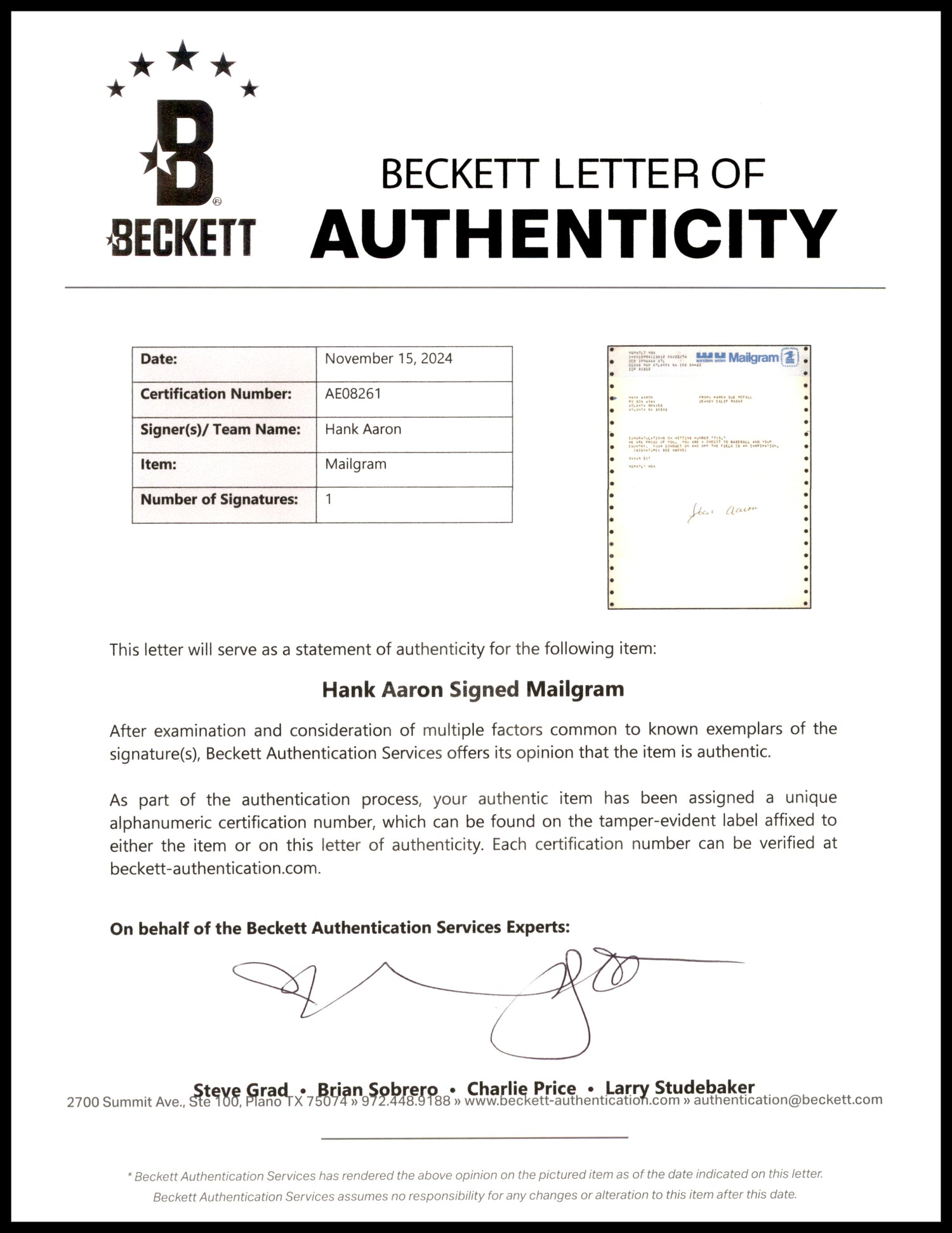 Hank Aaron Autographed 715 HR Congratulations 8x10 Telegram Document Atlanta Braves Beckett BAS #AE08261