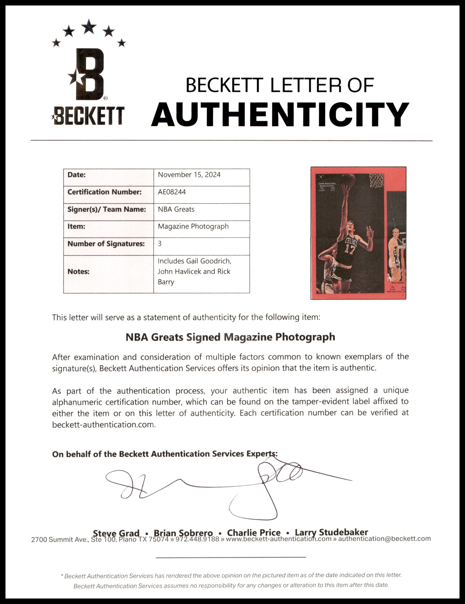 John Havlicek, Rick Barry & Gail Goodrich Autographed 8x11 Magazine Page Photo Beckett BAS #AE08244