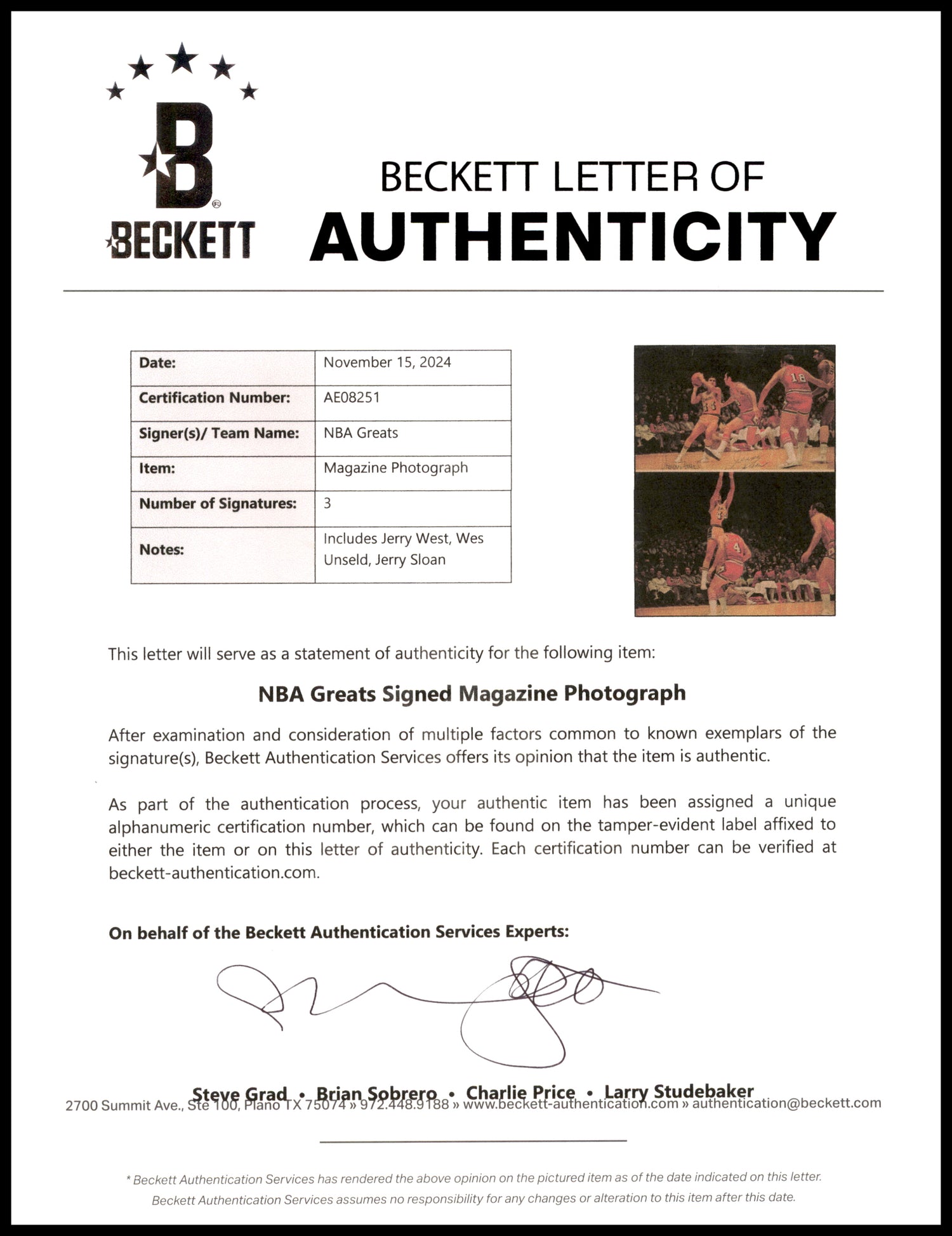 Jerry West, Jerry Sloan & Wes Unseld Autographed 8x11 Magazine Page Photo Beckett BAS #AE08251