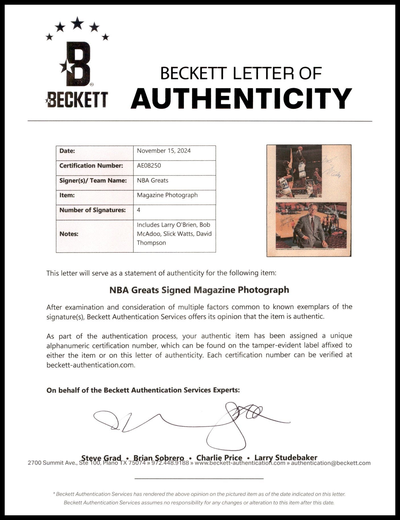 Larry O'Brien, Bob McAdoo & David Thompson Autographed 8x11 Magazine Page Photo Beckett BAS #AE08250