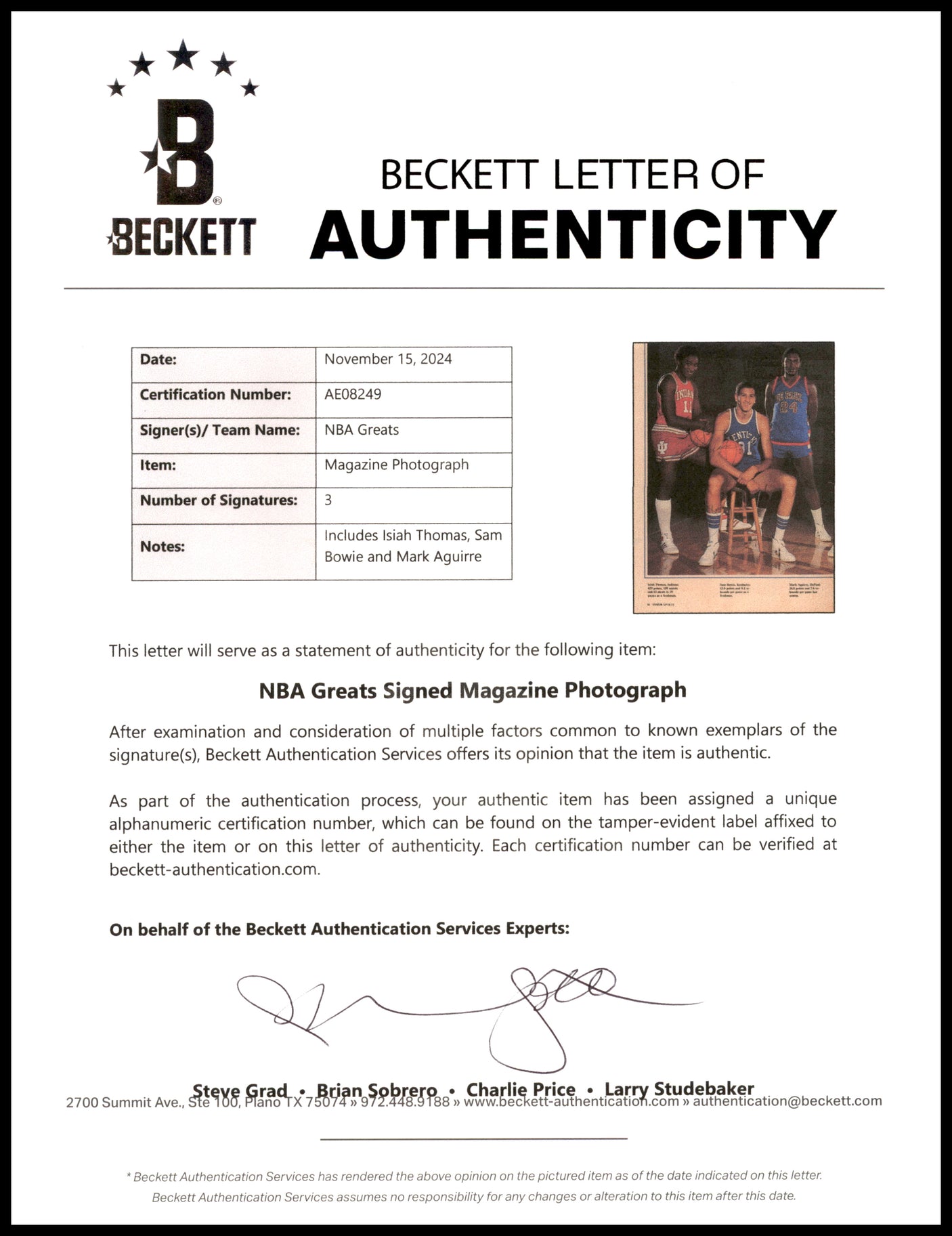 Isiah Thomas, Sam Bowie & Mark Aguirre Autographed 8x11 Magazine Page Photo Beckett BAS #AE08249