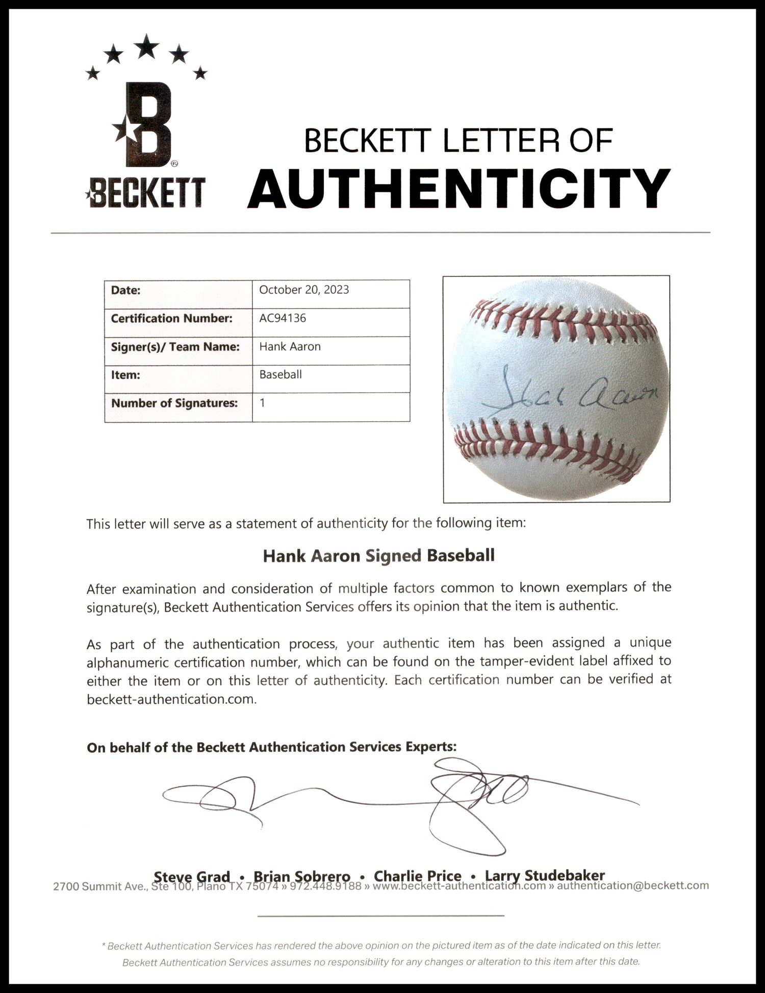 Hank Aaron Autographed Official NL Baseball Atlanta Braves UDA Holo & Beckett BAS #AC94136