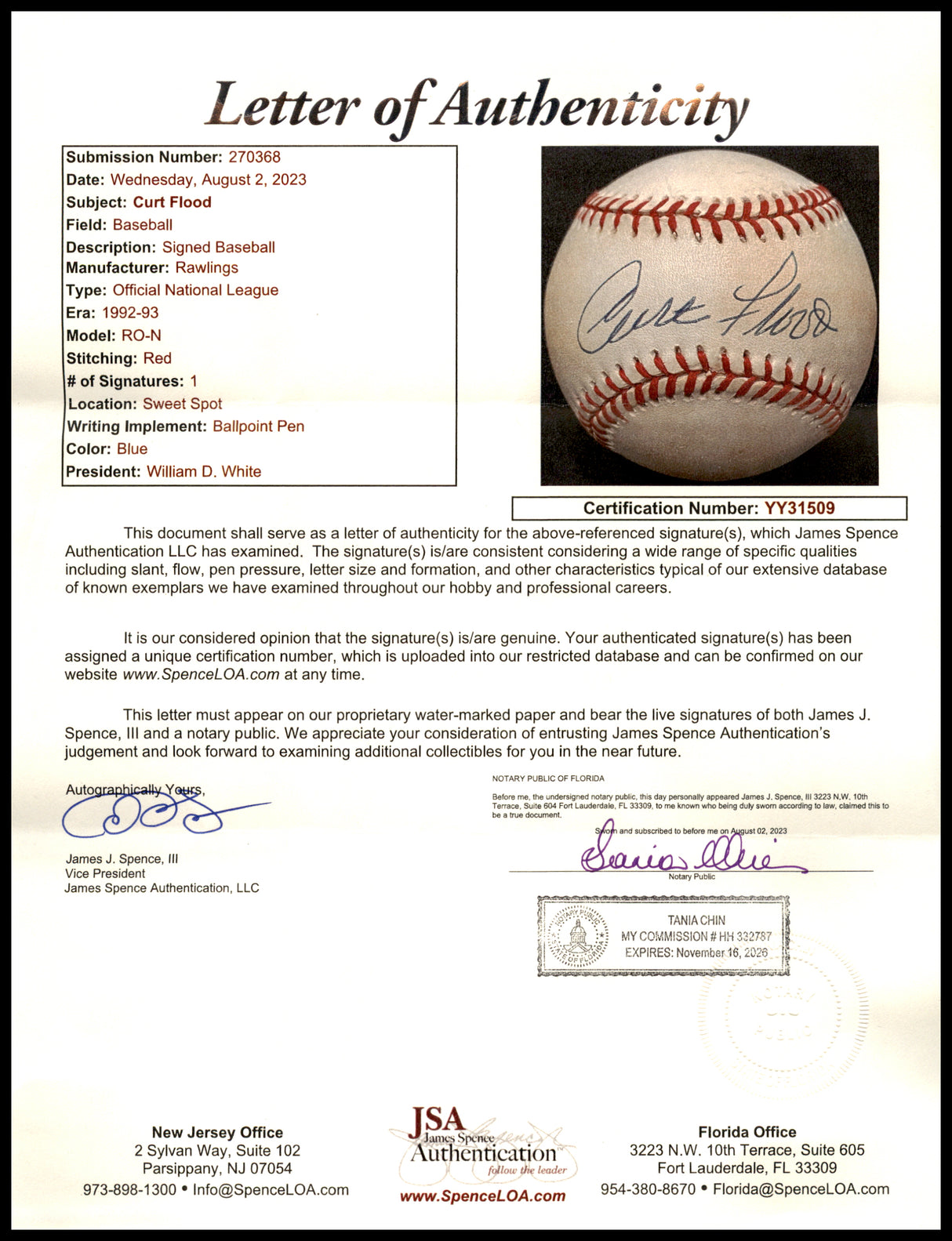 Curt Flood Autographed Official NL Baseball St. Louis Cardinals Single Signed JSA #YY31509