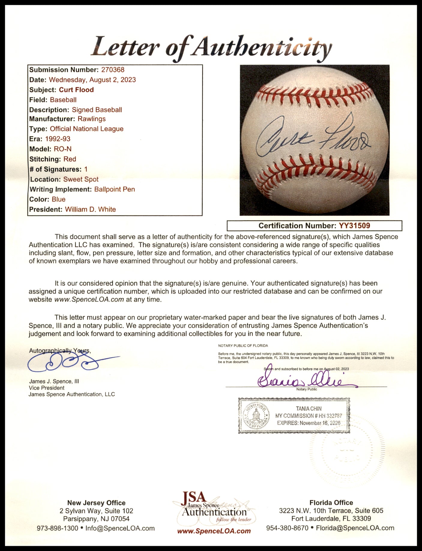 Curt Flood Autographed Official NL Baseball St. Louis Cardinals Single Signed JSA #YY31509
