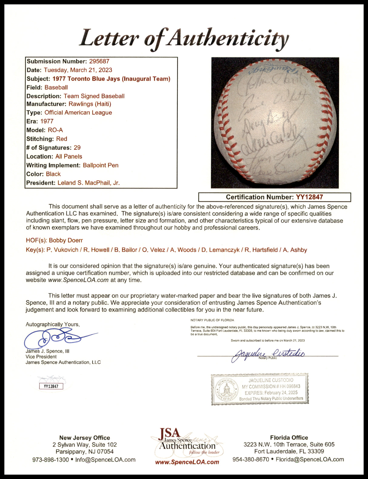 1977 Toronto Blue Jays Team Signed Autographed Official MacPhail AL Baseball Inaugural Year With 29 Signatures Including Bobby Doerr JSA #YY12847