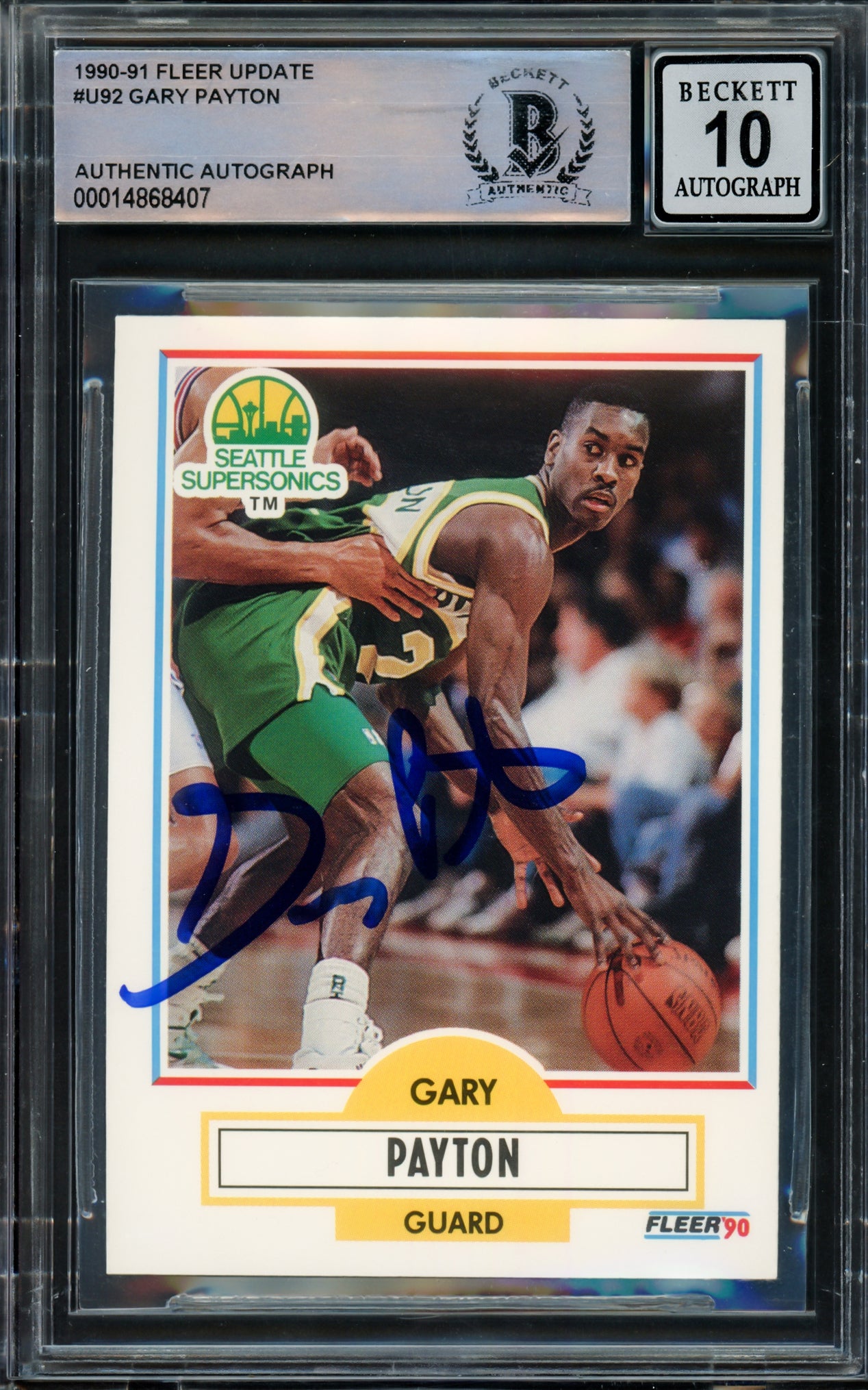Gary Payton Autographed 1990-91 Fleer Update Rookie Card #U-92 Seattle Supersonics Auto 10 (Off-Center) Beckett BAS Stock #210481