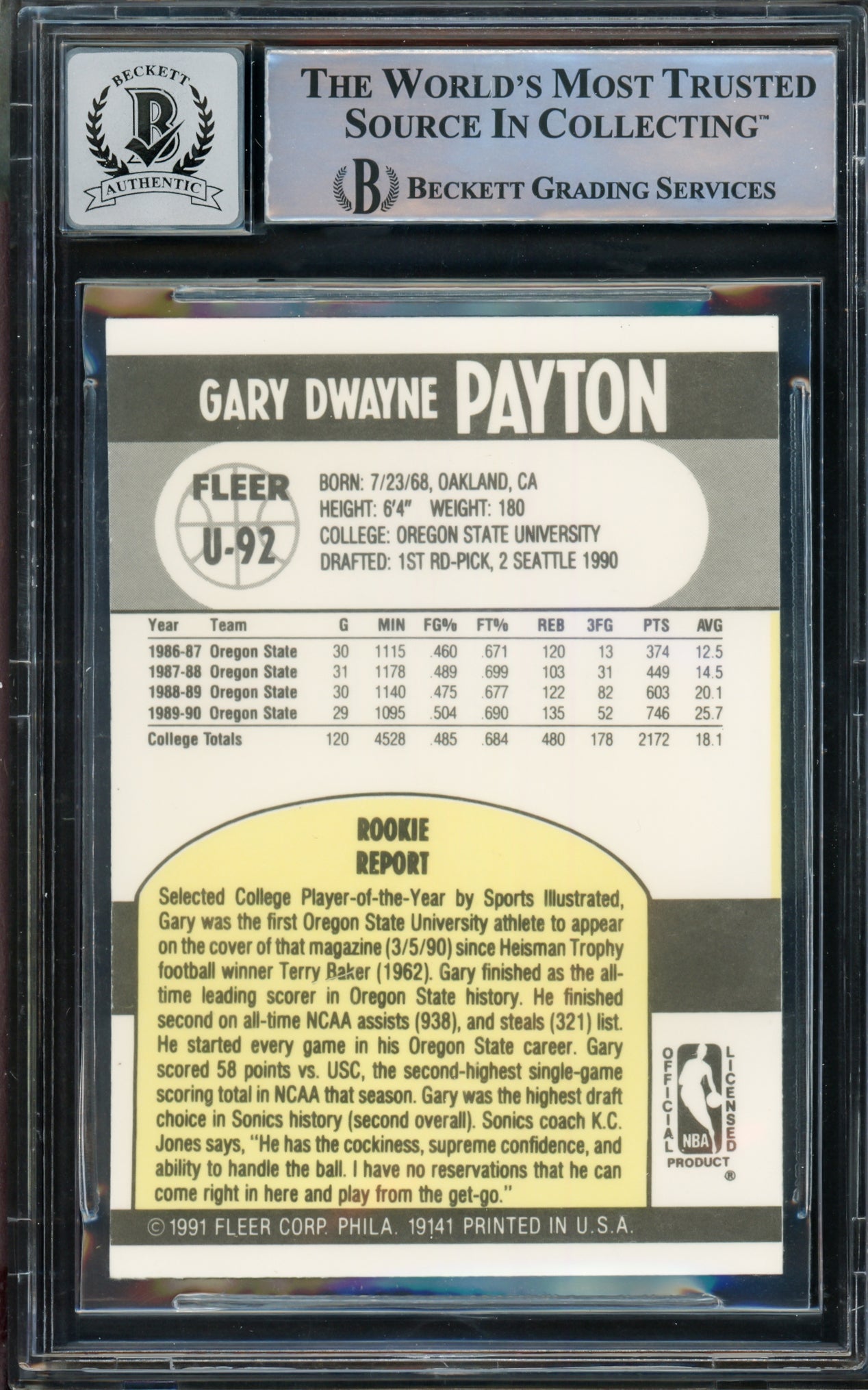 Gary Payton Autographed 1990-91 Fleer Update Rookie Card #U-92 Seattle Supersonics Auto 10 (Off-Center) Beckett BAS Stock #210481