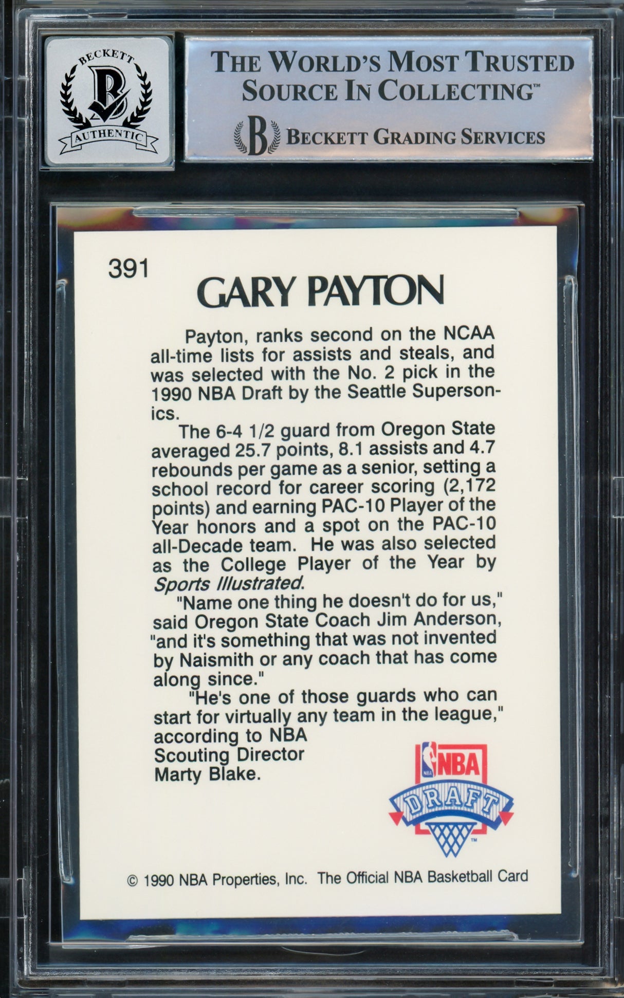 Gary Payton Autographed 1990-91 Hoops Rookie Card #391 Seattle Supersonics Auto 10 Beckett BAS Stock #210482