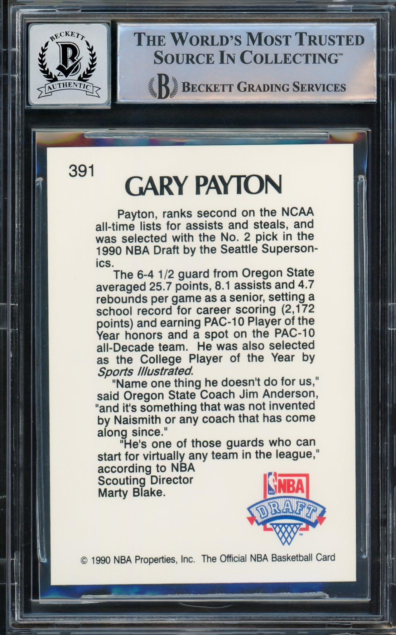 Gary Payton Autographed 1990-91 Hoops Rookie Card #391 Seattle Supersonics Auto 10 Beckett BAS Stock #210482