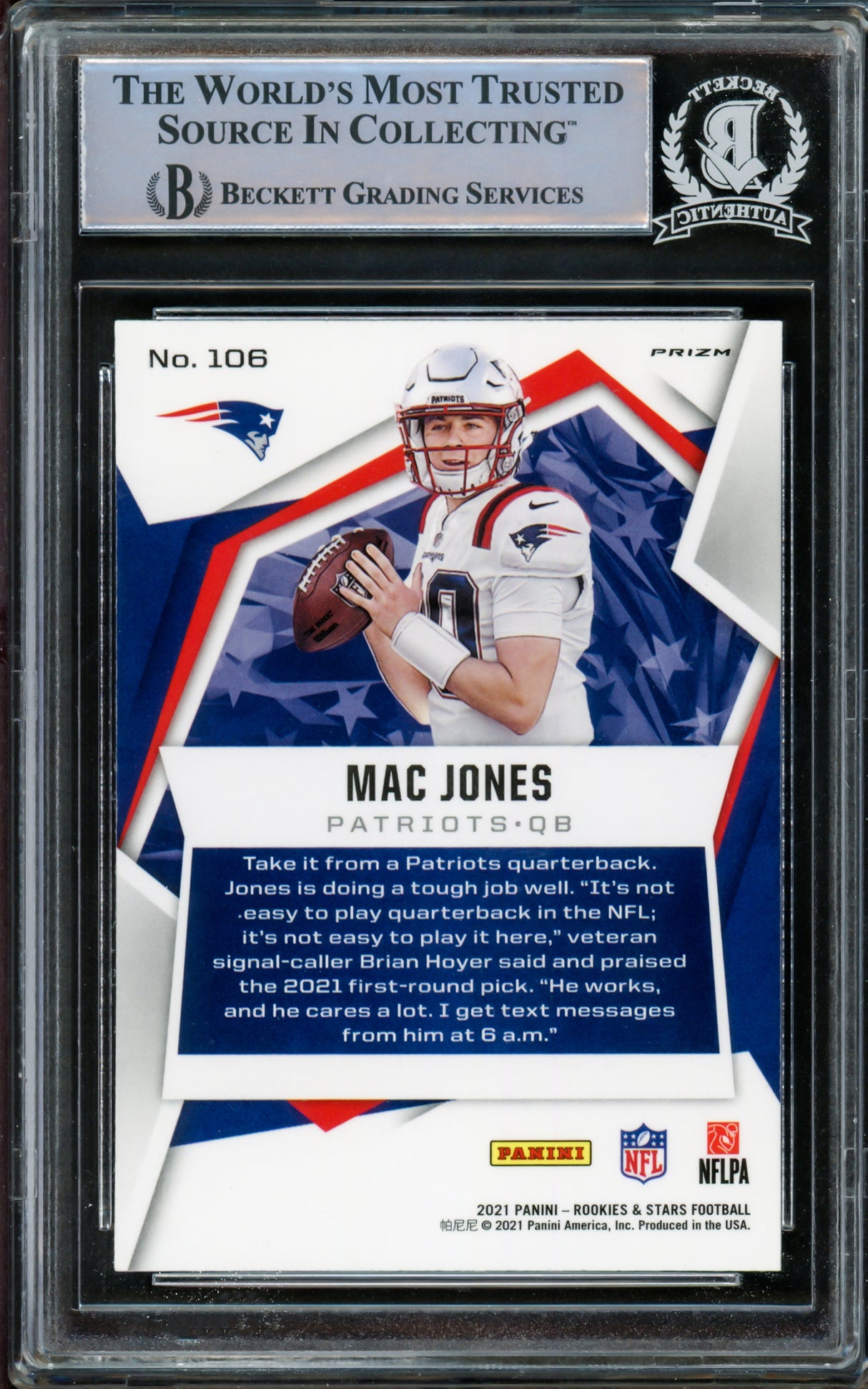 Mac Jones Autographed 2021 Panini Rookie & Stars Silver Pulsar Prizm Rookie Card #106 New England Patriots Beckett BAS Stock #210491
