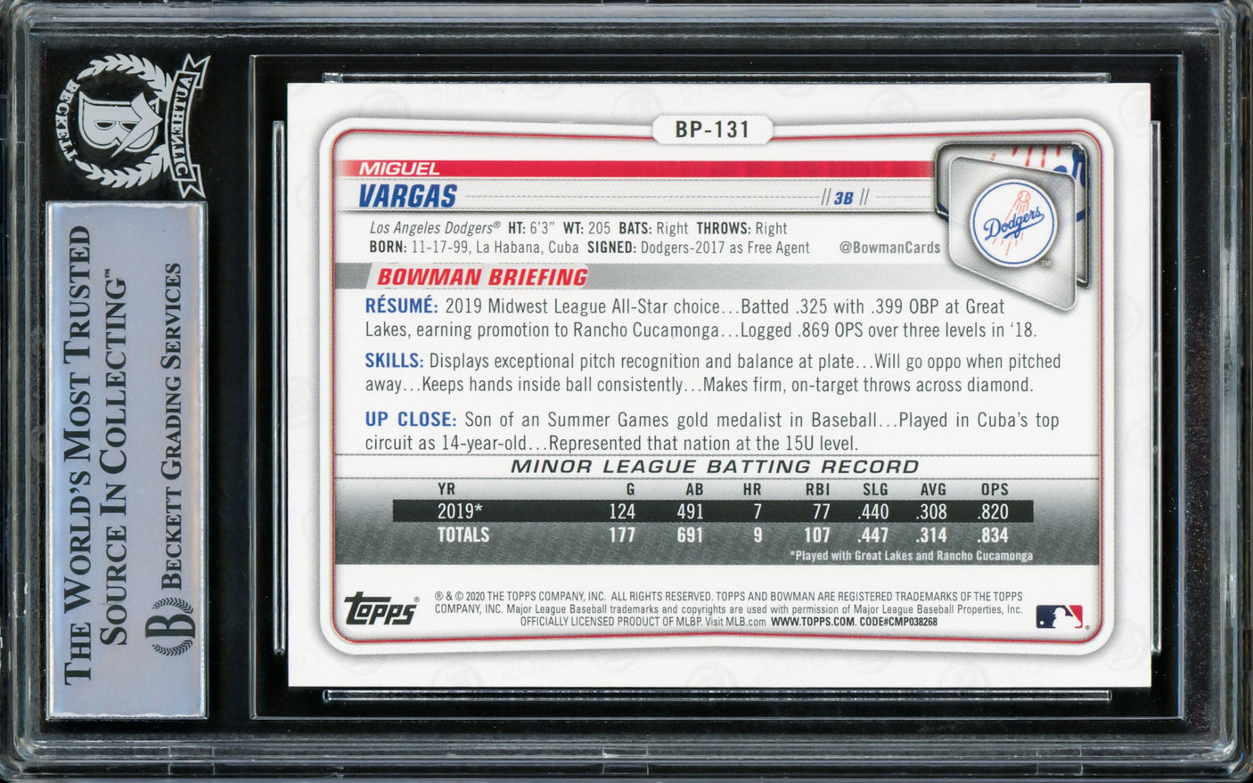 Miguel Vargas Autographed 2020 1st Bowman Rookie Card #BP-131 Los Angeles Dodgers Beckett BAS Stock #210498