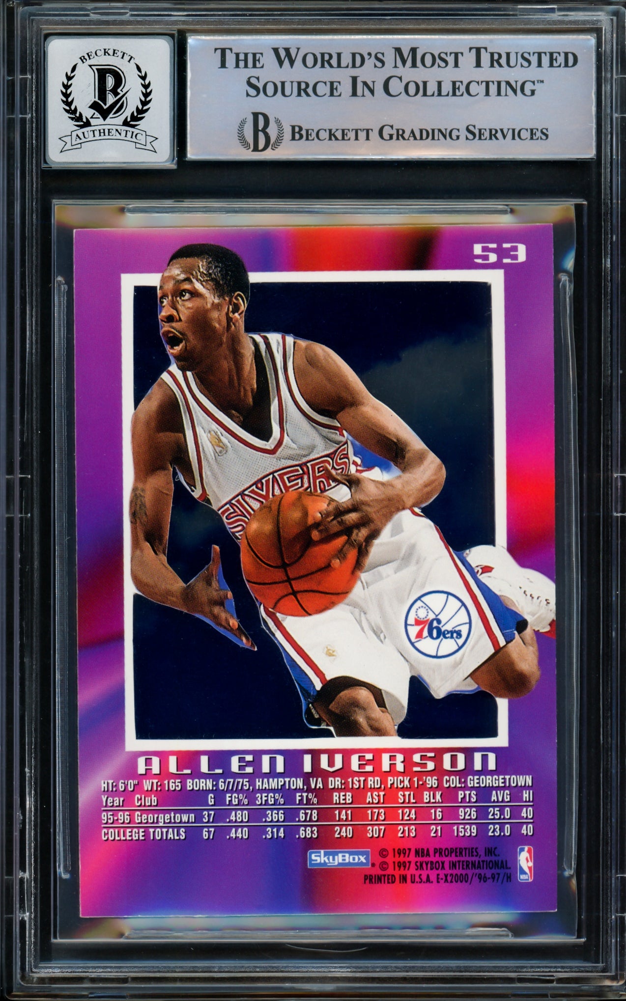 Allen Iverson Autographed 1996-97 E-X2000 Rookie Card #53 Philadelphia 76ers Auto 10 Beckett BAS Stock #210504