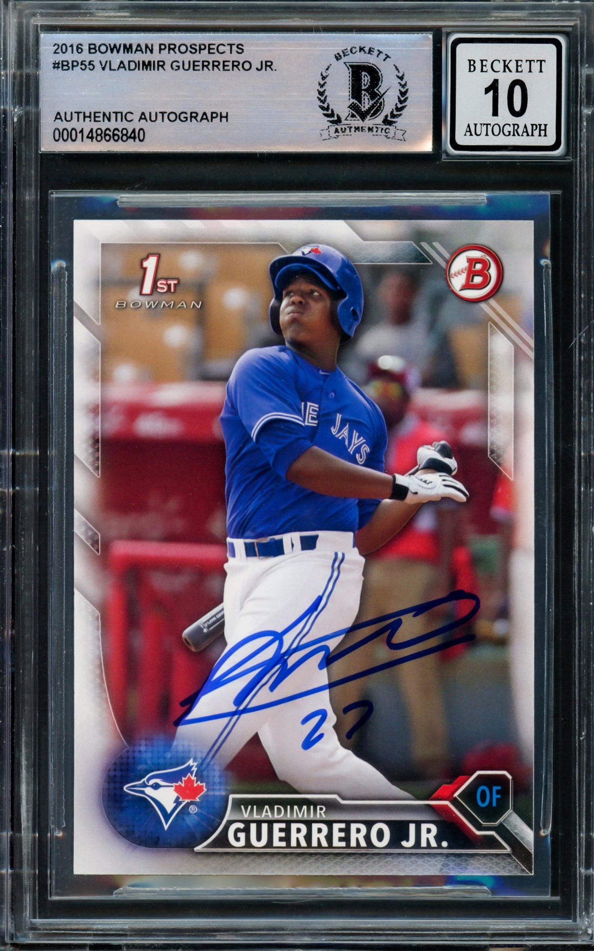Vladimir Guerrero Jr. Autographed 2016 Bowman Prospects Rookie Card #BP55 Toronto Blue Jays Auto 10 Beckett BAS Stock #210505
