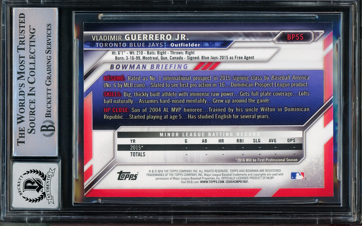Vladimir Guerrero Jr. Autographed 2016 Bowman Prospects Rookie Card #BP55 Toronto Blue Jays Auto 10 Beckett BAS Stock #210505
