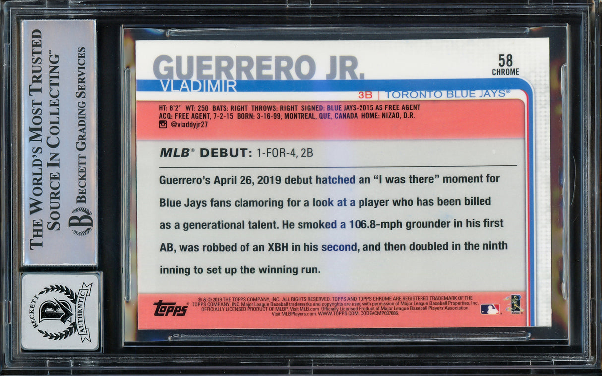 Vladimir Guerrero Jr. Autographed 2019 Topps Chrome Update Rookie Card #58 Toronto Blue Jays Auto 10 Beckett BAS Stock #210506