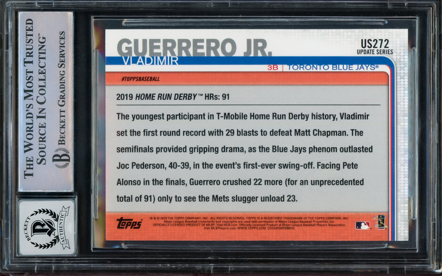 Vladimir Guerrero Jr. Autographed 2019 Topps Update Rookie Card #US272 Toronto Blue Jays Auto 10 Beckett BAS Stock #210507
