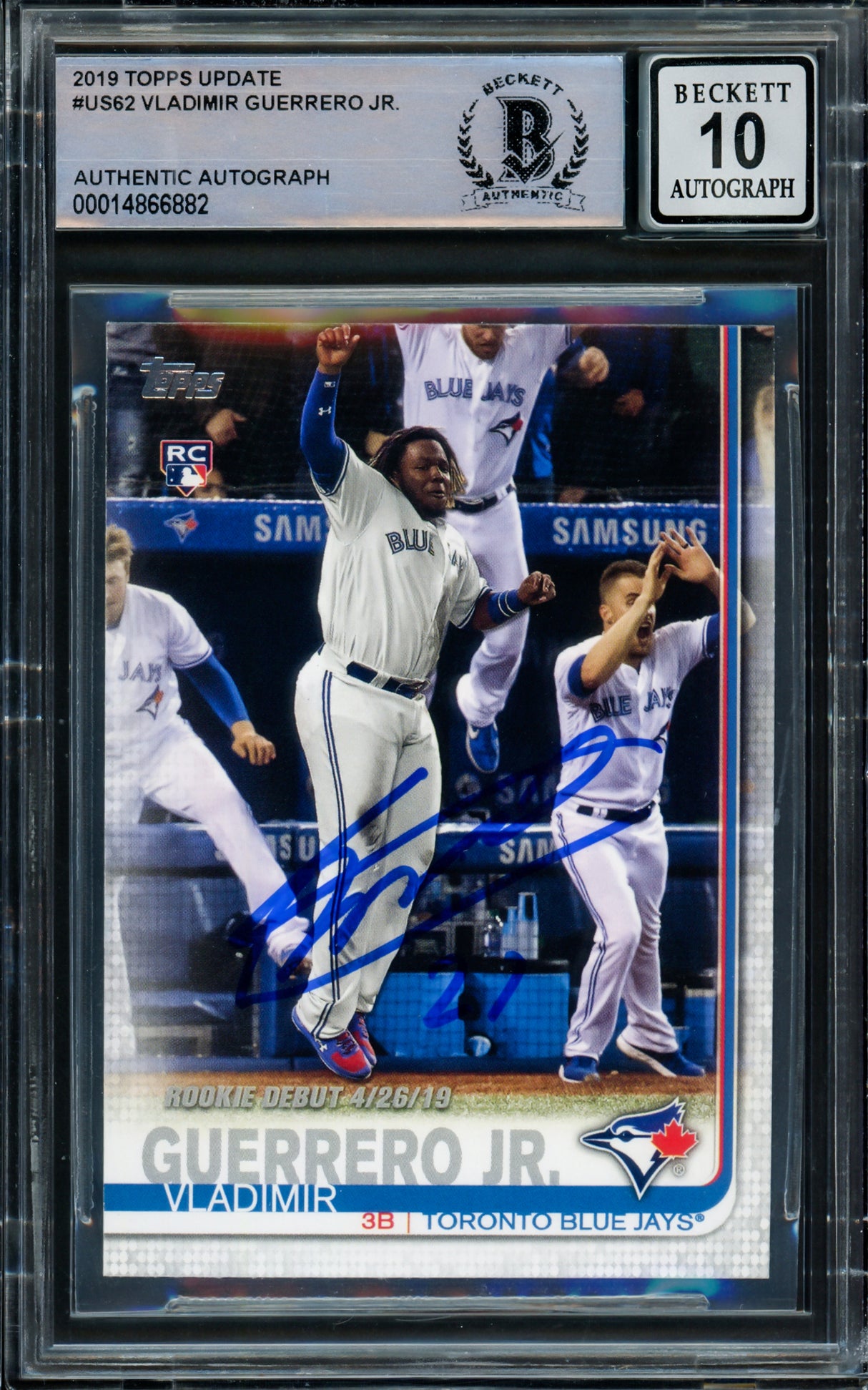 Vladimir Guerrero Jr. Autographed 2019 Topps Update Rookie Card #US62 Toronto Blue Jays Auto 10 Beckett BAS Stock #210508