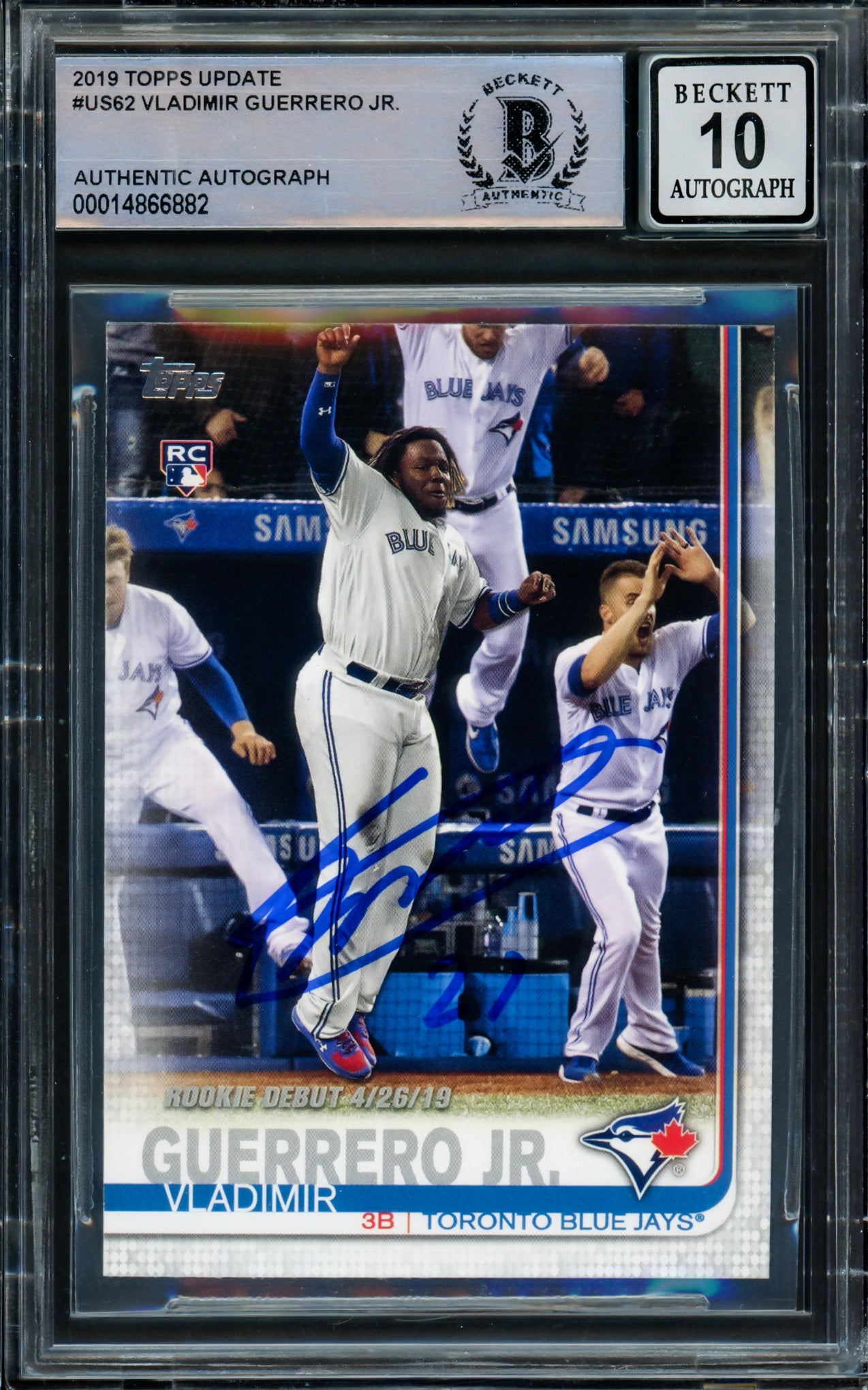 Vladimir Guerrero Jr. Autographed 2019 Topps Update Rookie Card #US62 Toronto Blue Jays Auto 10 Beckett BAS Stock #210508