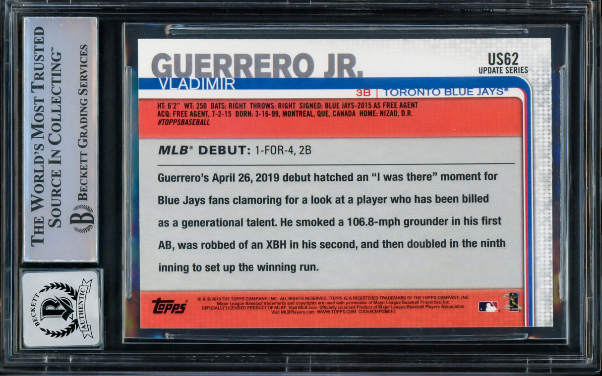 Vladimir Guerrero Jr. Autographed 2019 Topps Update Rookie Card #US62 Toronto Blue Jays Auto 10 Beckett BAS Stock #210508