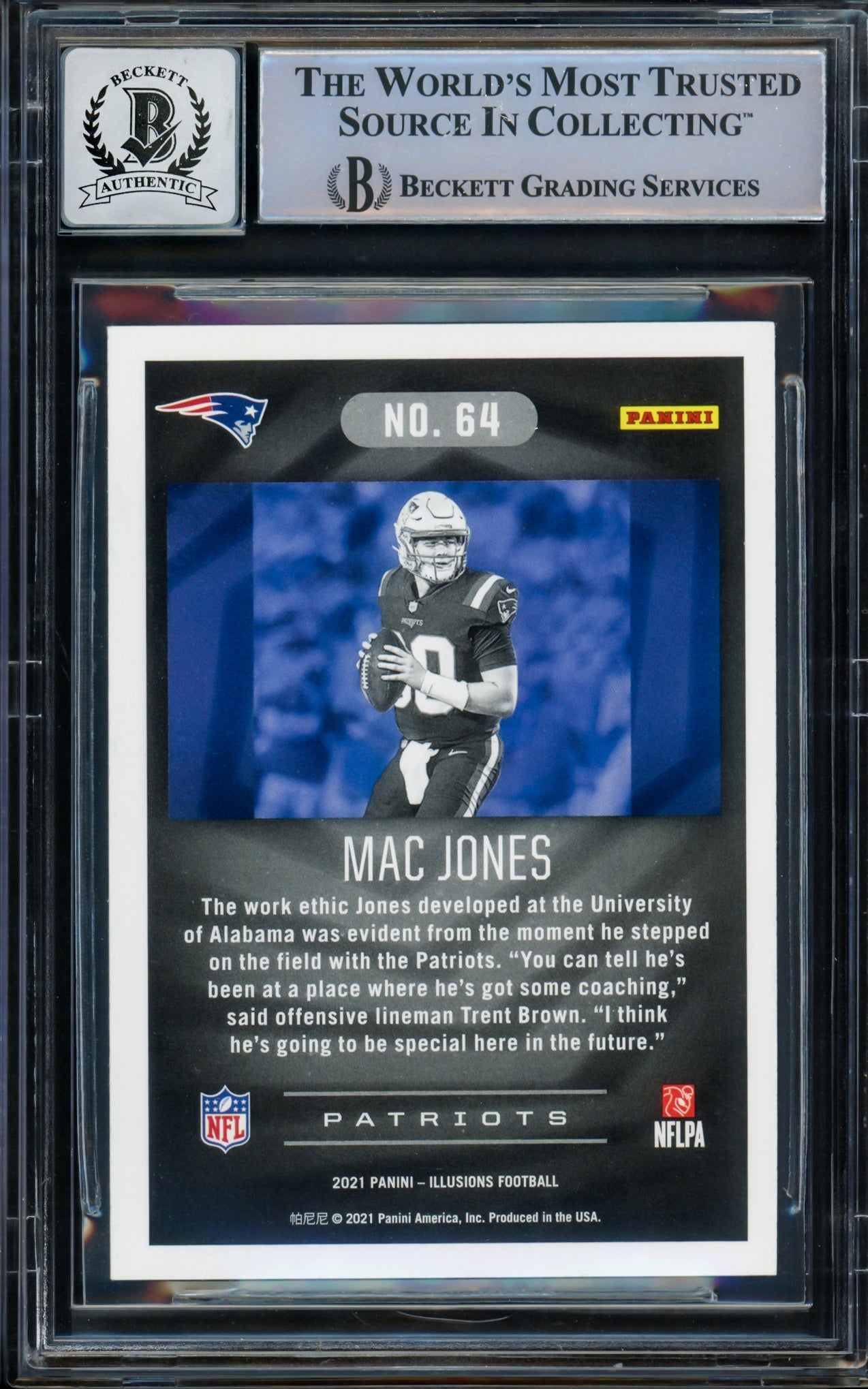 Mac Jones Autographed 2021 Panini Illusions Rookie Card #64 New England Patriots Auto 10 Beckett BAS Stock #210512