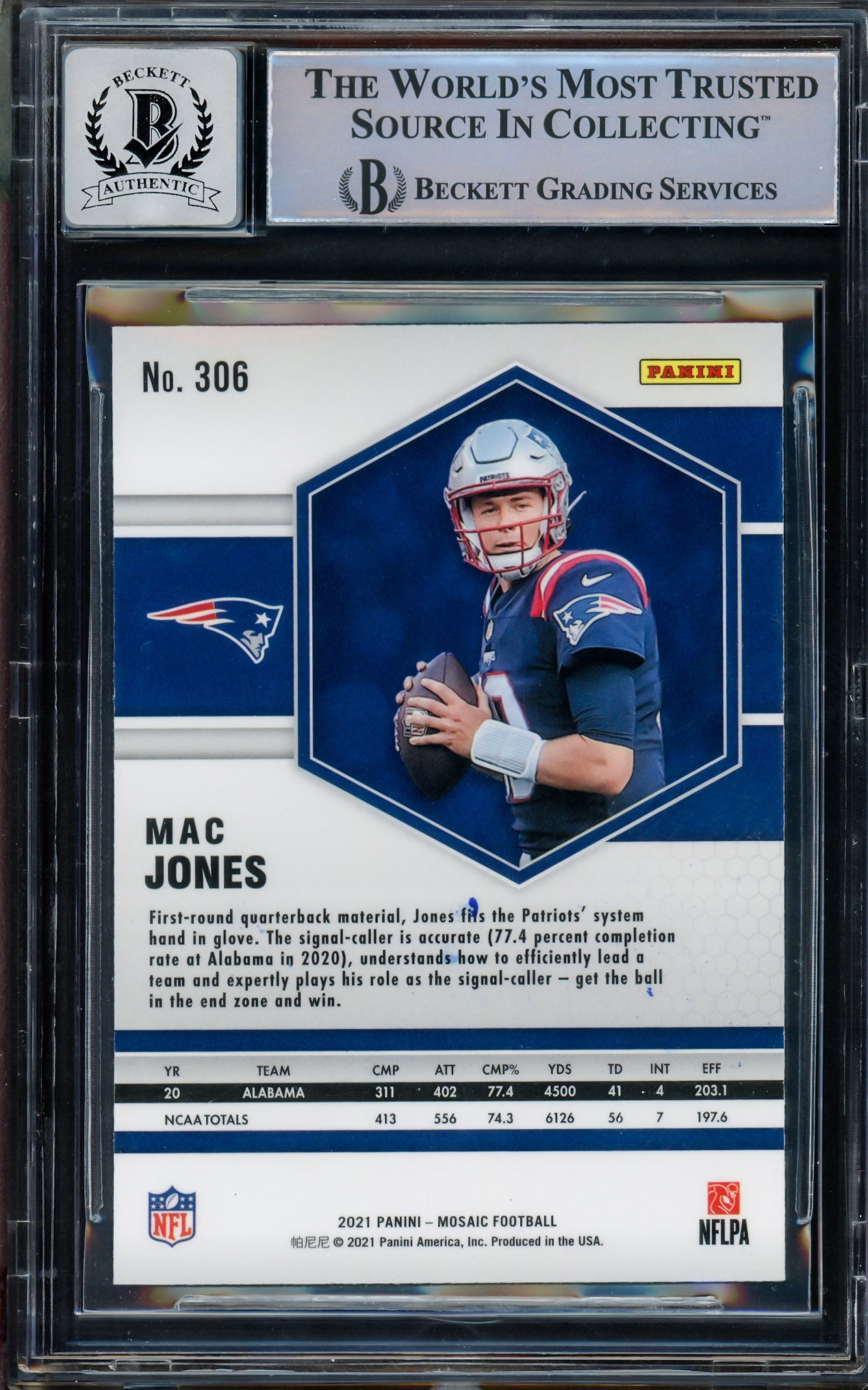 Mac Jones Autographed 2021 Panini Mosaic Rookie Card #306 New England Patriots Auto 10 Beckett BAS Stock #210513