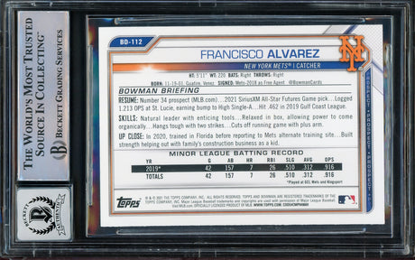 Francisco Alvarez Autographed 2021 Bowman Draft Rookie Card #BD-112 New York Mets Auto 10 Full Name Beckett BAS Stock #210515