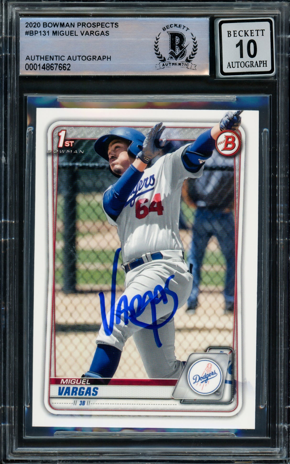 Miguel Vargas Autographed 2020 1st Bowman Rookie Card #BP-131 Los Angeles Dodgers Auto 10 Beckett BAS Stock #210520