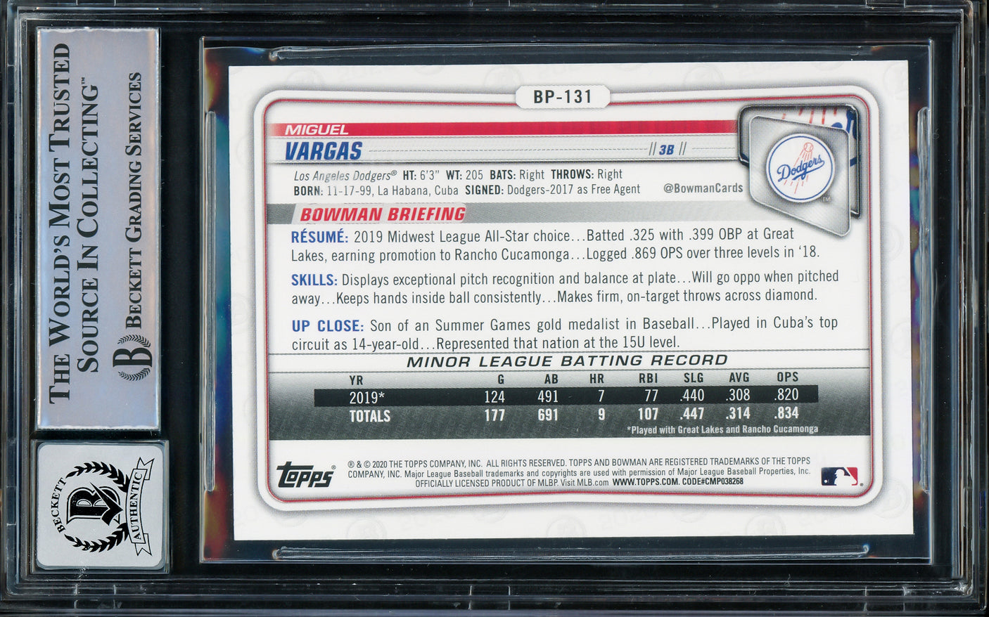 Miguel Vargas Autographed 2020 1st Bowman Rookie Card #BP-131 Los Angeles Dodgers Auto 10 Beckett BAS Stock #210520