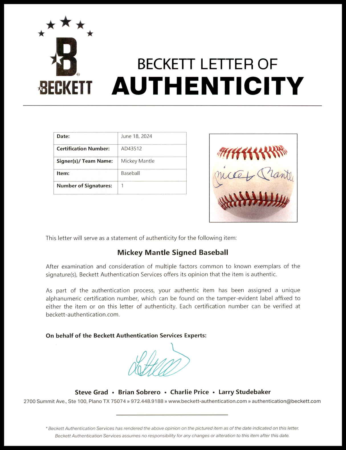 Mickey Mantle Autographed Official AL Baseball New York Yankees Beckett BAS #AD43512