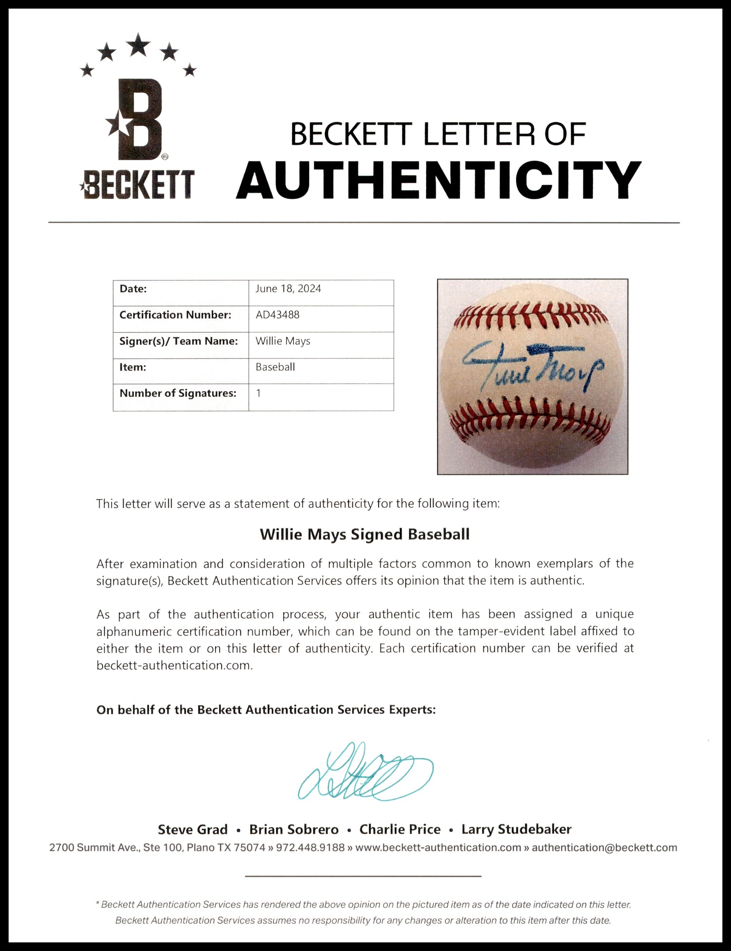 Willie Mays Autographed Official NL Baseball San Francisco Giants Beckett BAS #AD43488