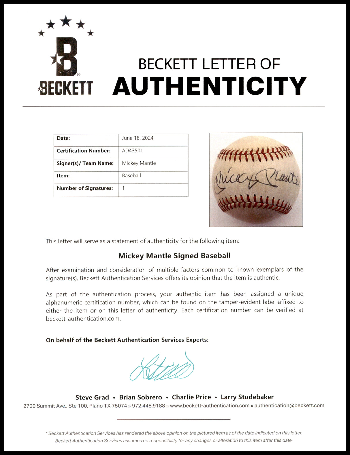 Mickey Mantle Autographed Official MacGregor Baseball New York Yankees Beckett BAS #AD43501