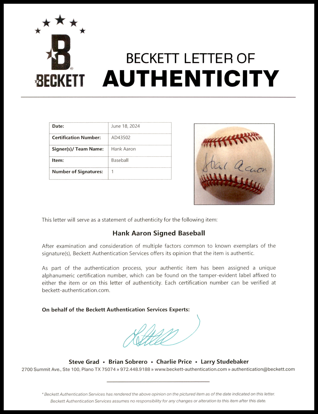 Hank Aaron Autographed Official NL Baseball Atlanta Braves Beckett BAS #AD43502