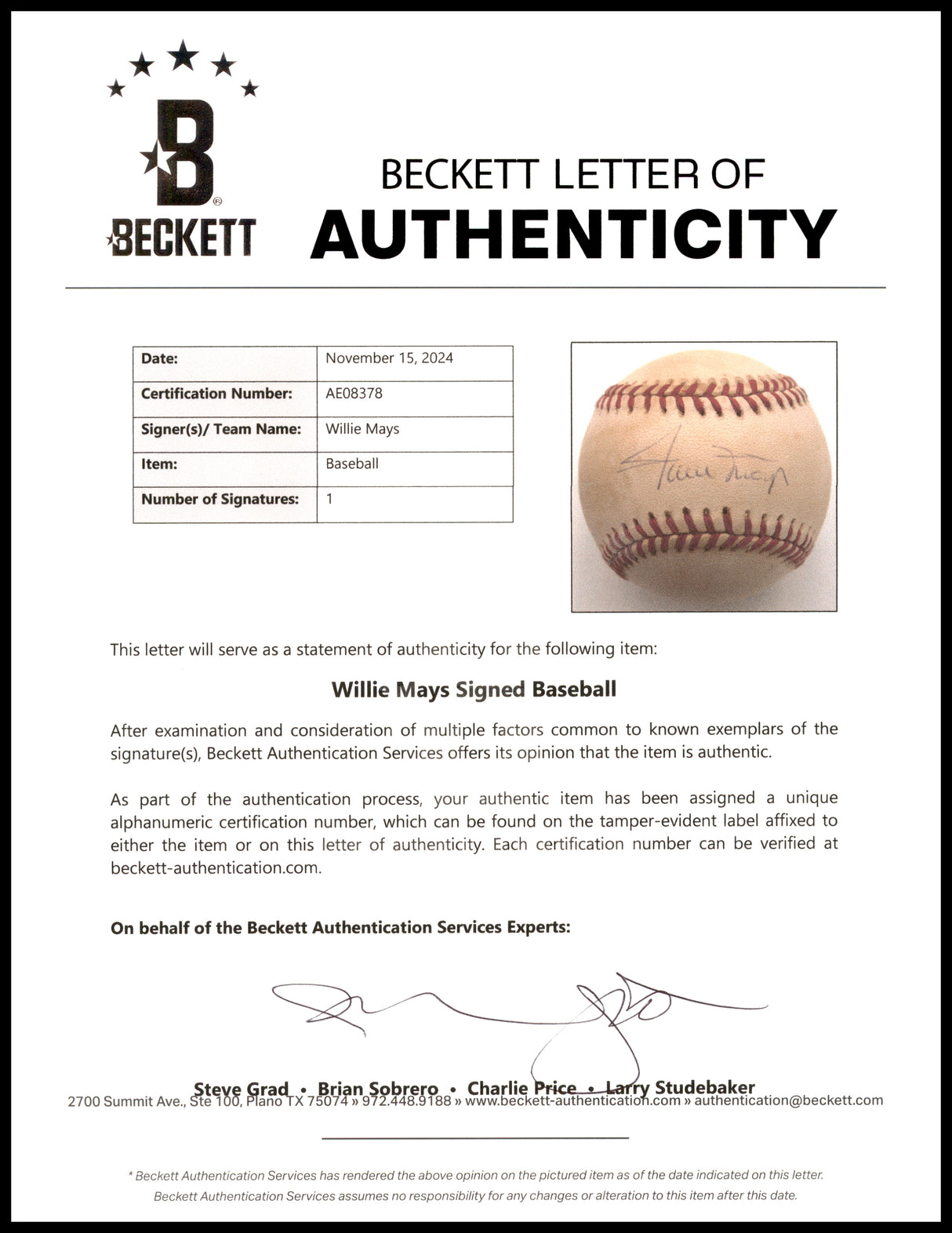 Willie Mays Autographed Official NL Baseball San Francisco Giants Beckett BAS #AE08378