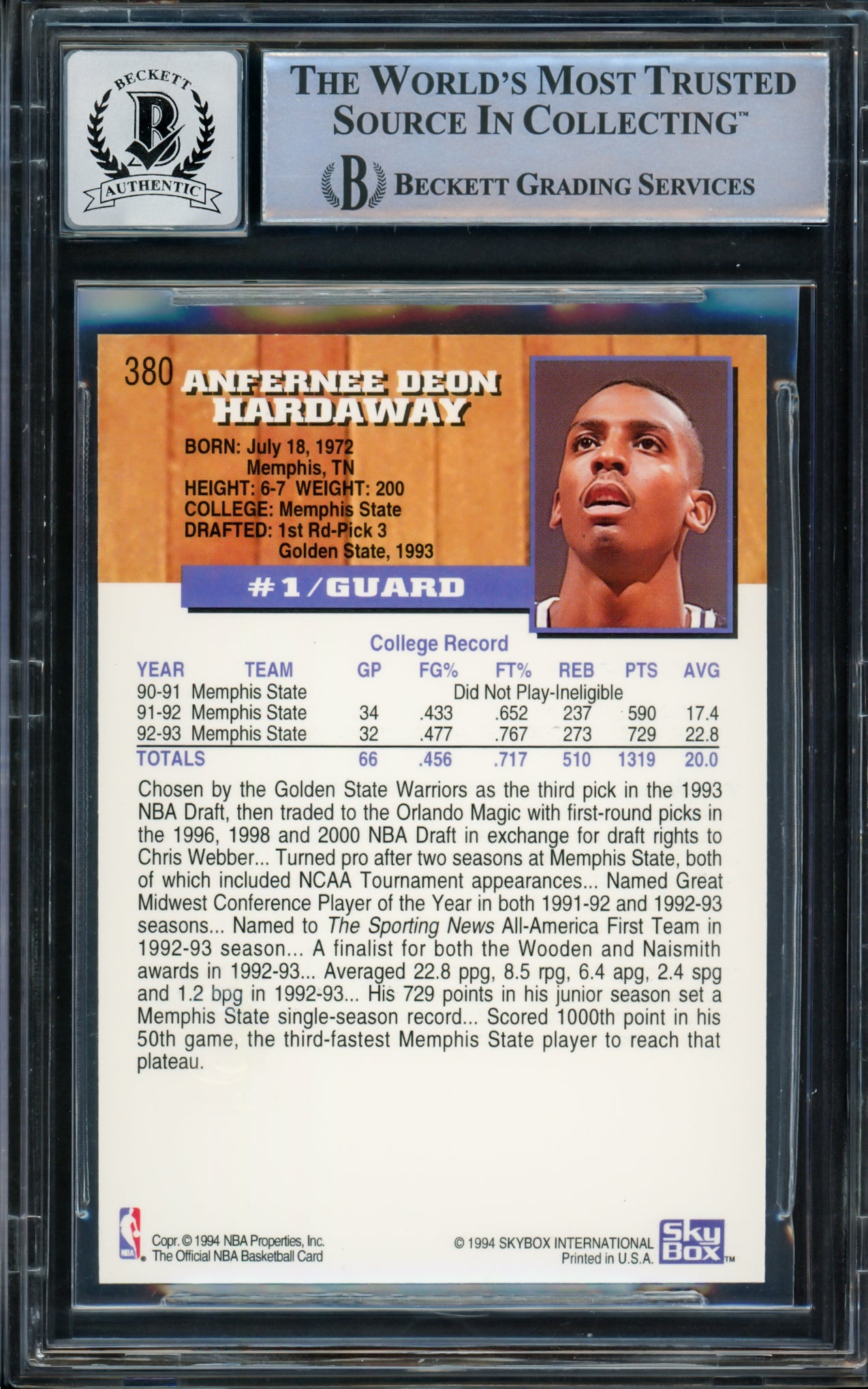 Anfernee Hardaway Autographed 1993-94 Hoops Gold Rookie Card #380 Orlando Magic Auto Grade Gem Mint 10 Beckett BAS #15093374