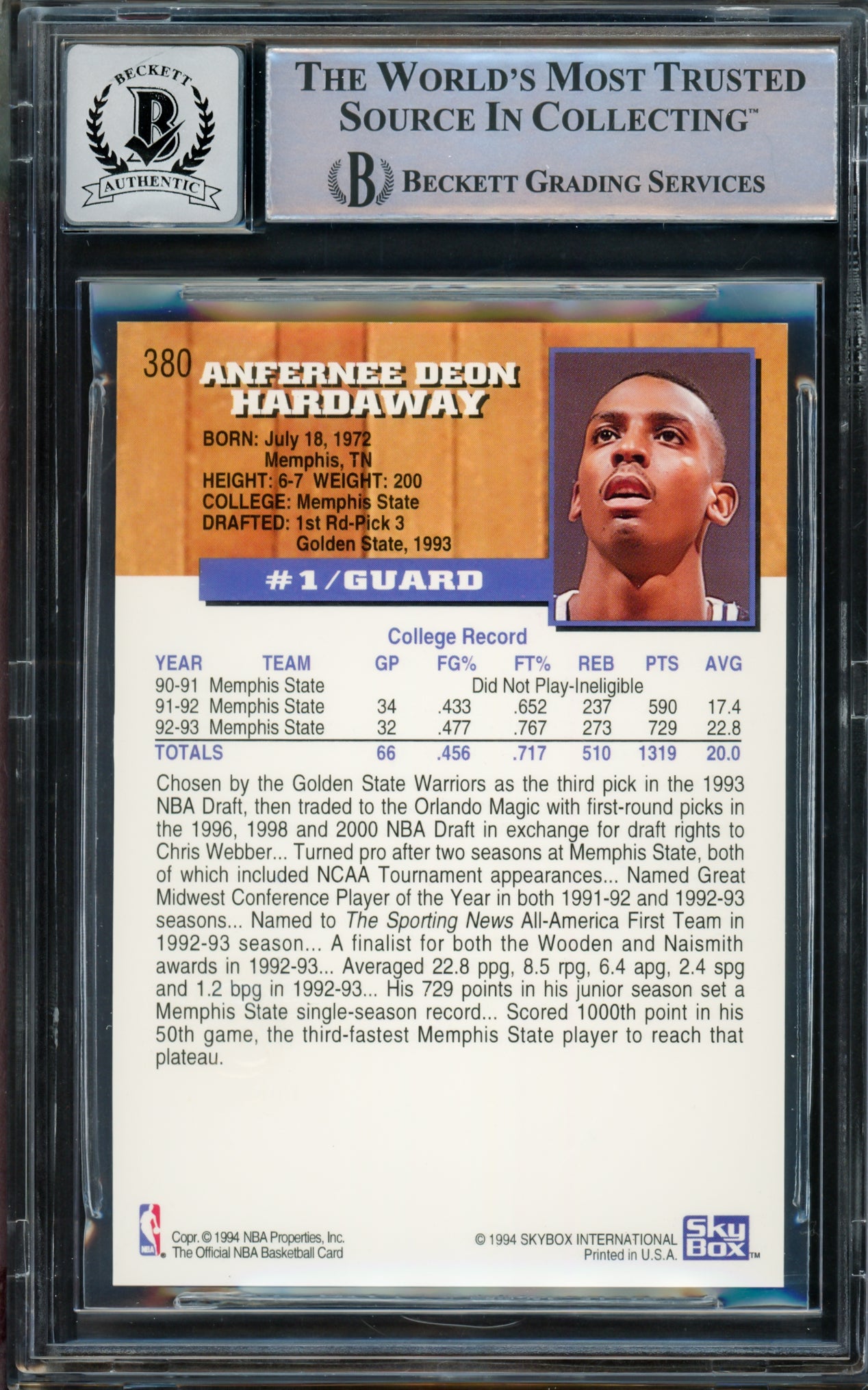 Anfernee Hardaway Autographed 1993-94 Hoops Gold Rookie Card #380 Orlando Magic Auto Grade Gem Mint 10 Beckett BAS #15093375