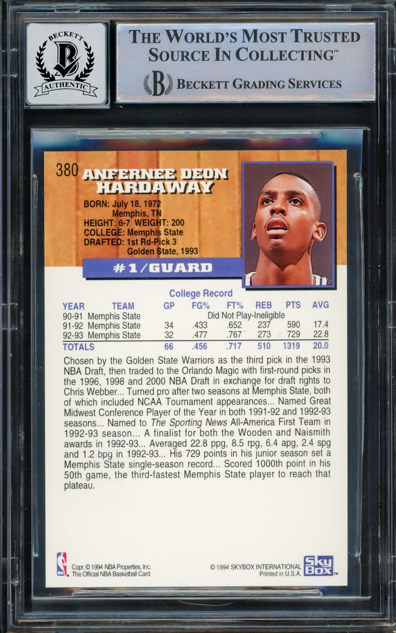 Anfernee Hardaway Autographed 1993-94 Hoops Gold Rookie Card #380 Orlando Magic Auto Grade Gem Mint 10 Beckett BAS #15093373