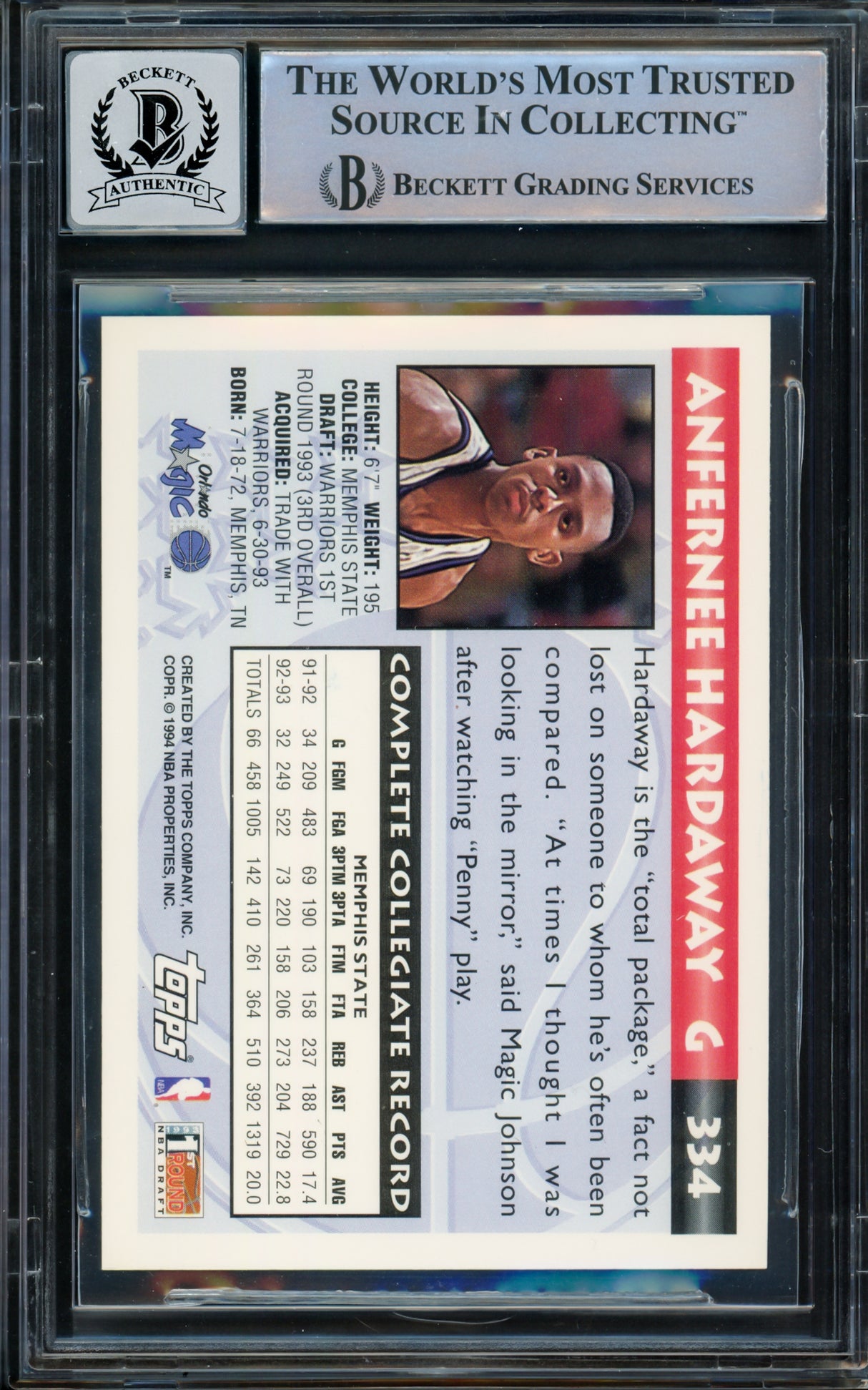 Anfernee Hardaway Autographed 1993-94 Topps Gold Rookie Card #334 Orlando Magic Auto Grade Gem Mint 10 Beckett BAS #15093417